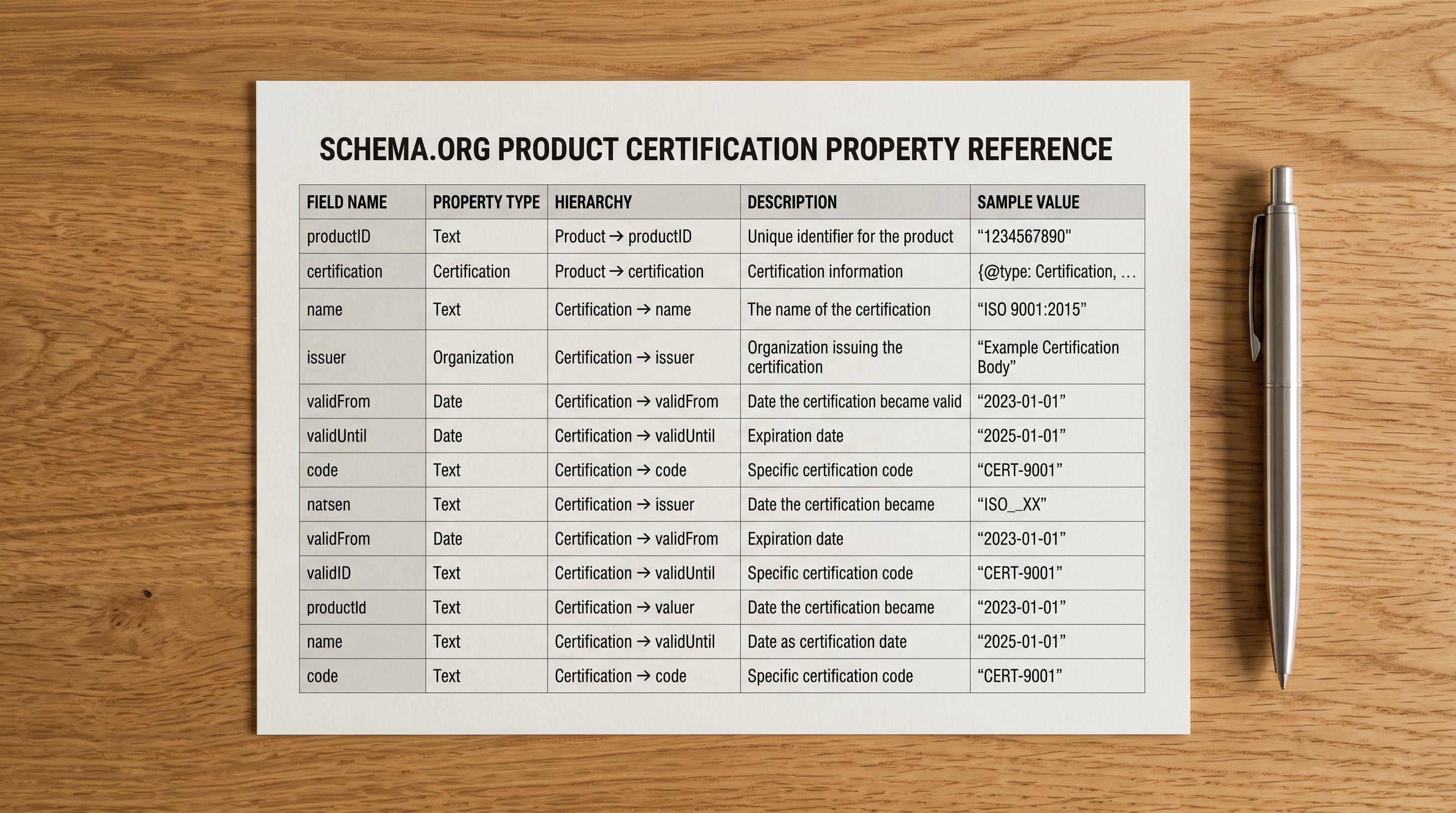A printed schema.org structured data reference card on a desk showing the hasCertification property name and sample values including certification body name and validity dates, representing machine-readable product certification data for search systems.