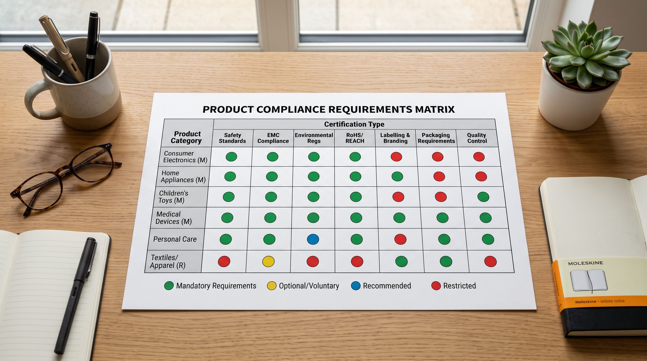 A printed compliance requirement matrix on a clean desk showing product categories in rows (electronics, baby products, food supplements, skincare) with mandatory and voluntary certification types in columns, representing the regulatory landscape for product certifications by category.