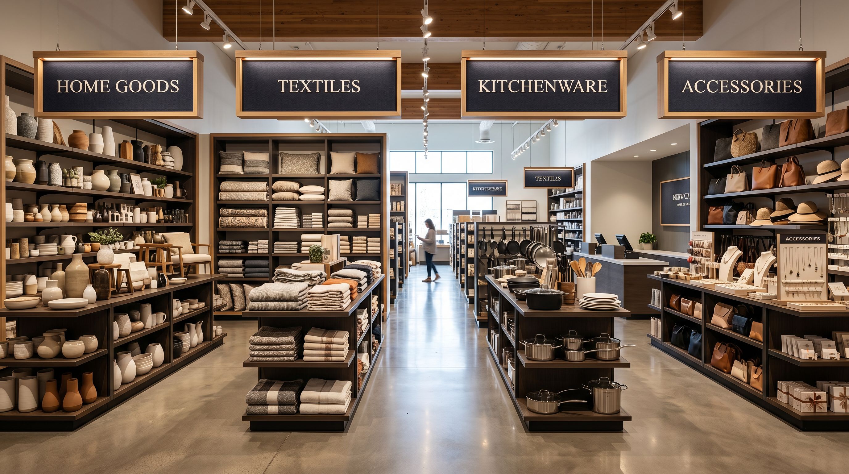 Retail shop floor with shelving units arranged into distinct product category sections.