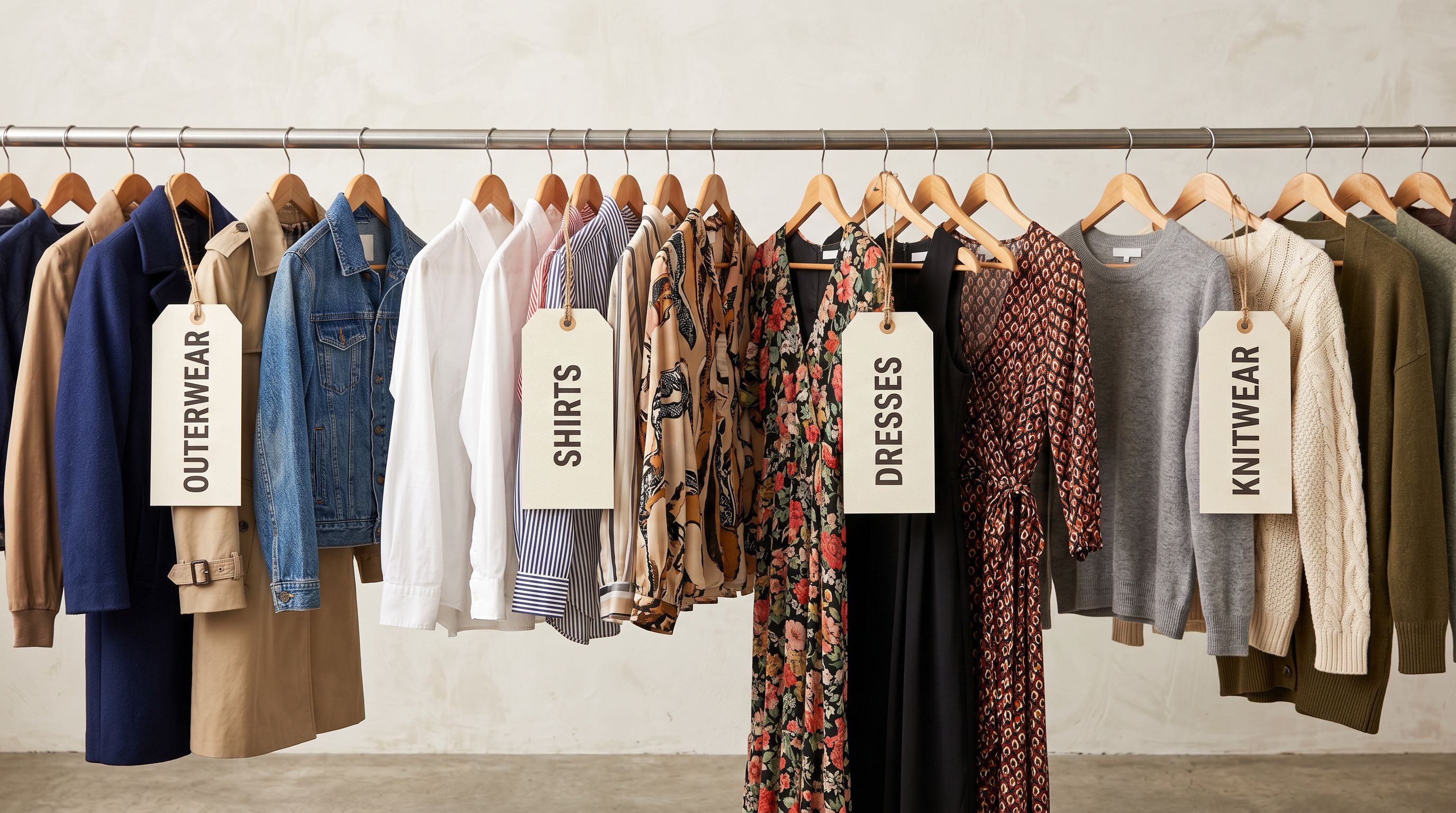 Clothing items on a display rail with large printed category tags attached to each garment.