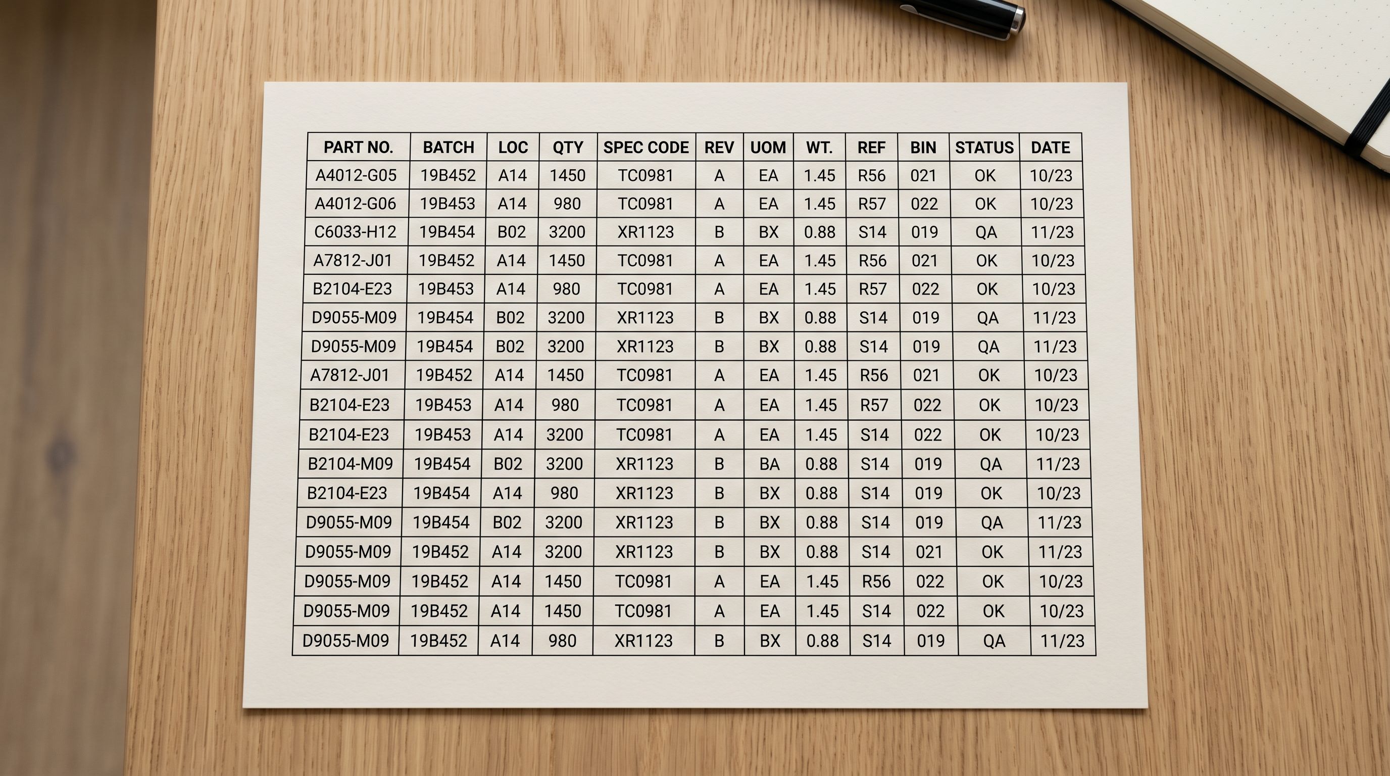 Printed supplier product specification sheet showing rows of internal product codes and numbers.