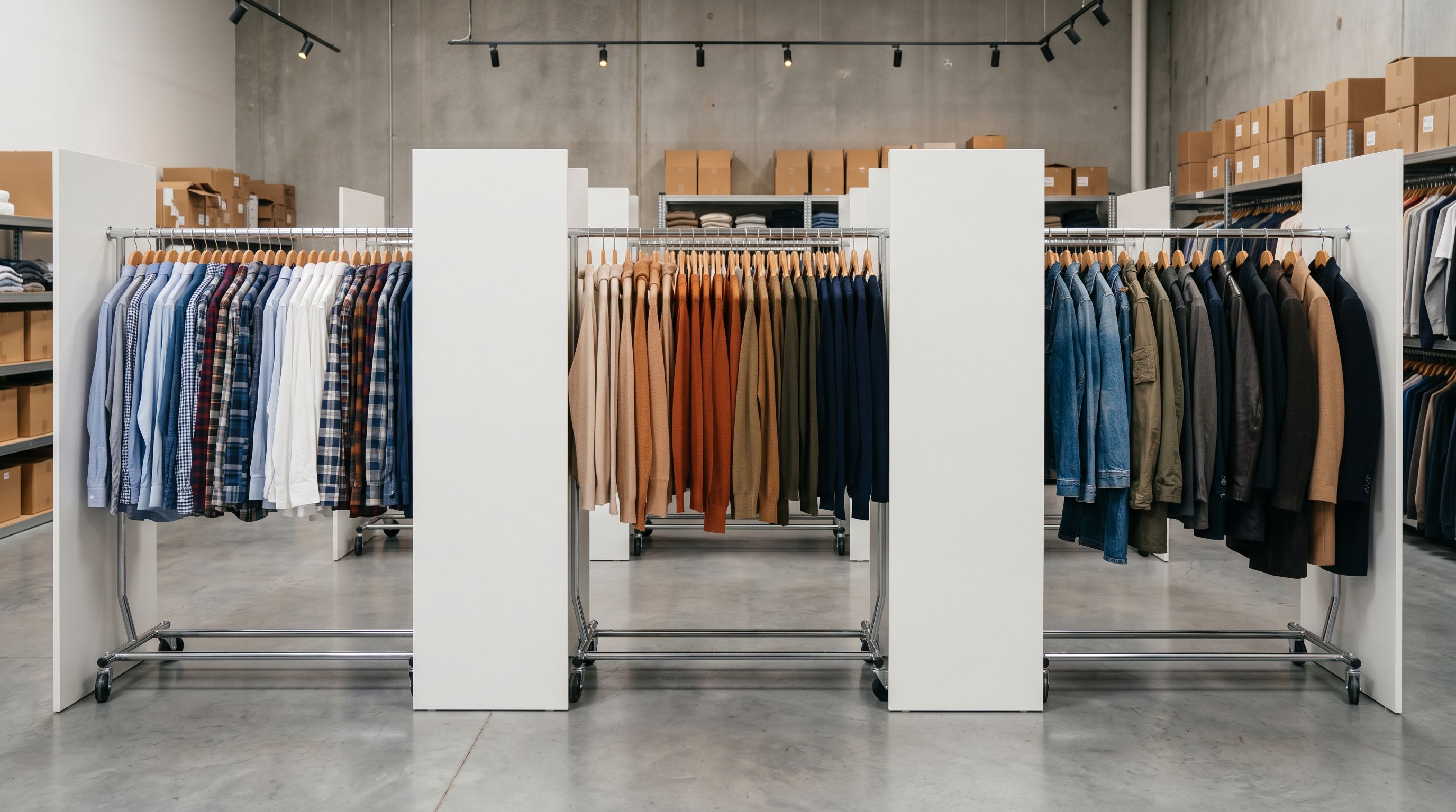Stockroom with three clothing rails separated by category dividers, garments sorted by type.