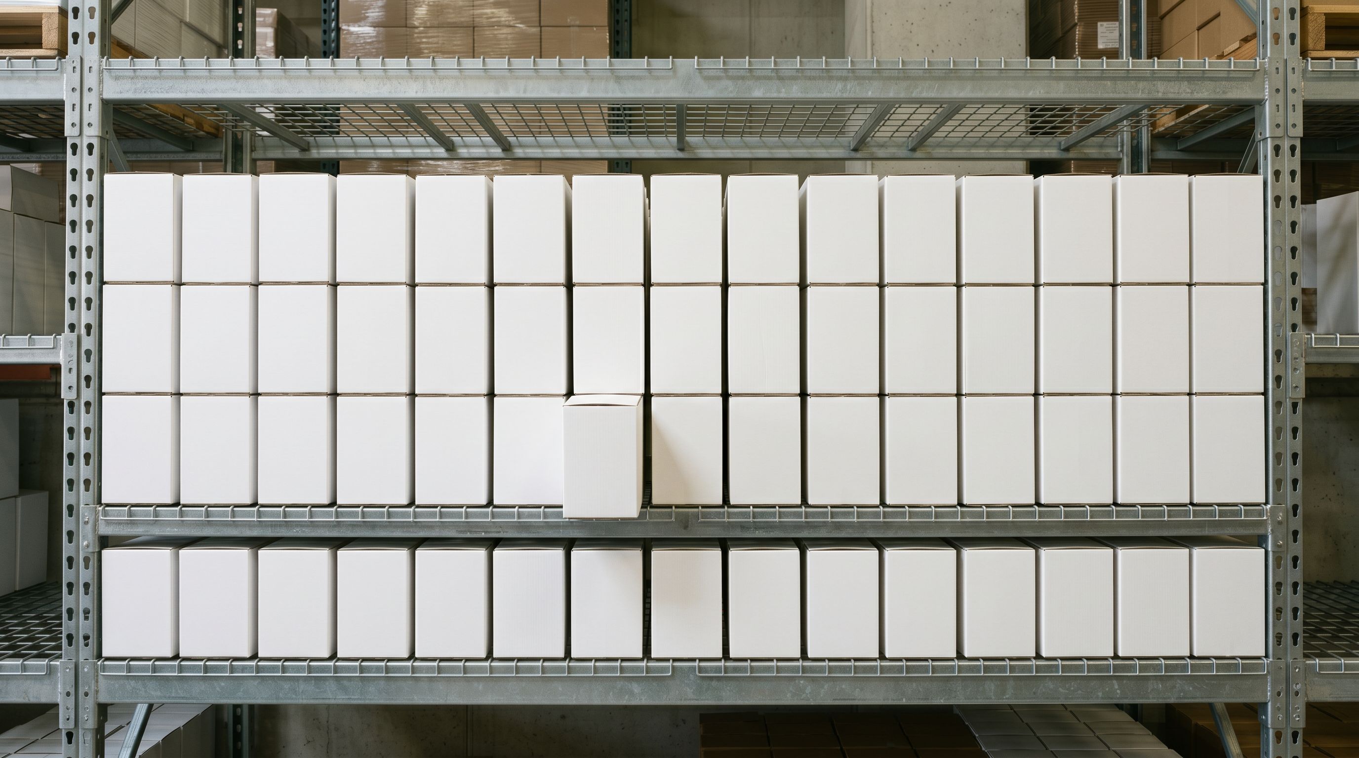 Grid of identical plain white product boxes arranged on metal shelving, one box pulled forward.