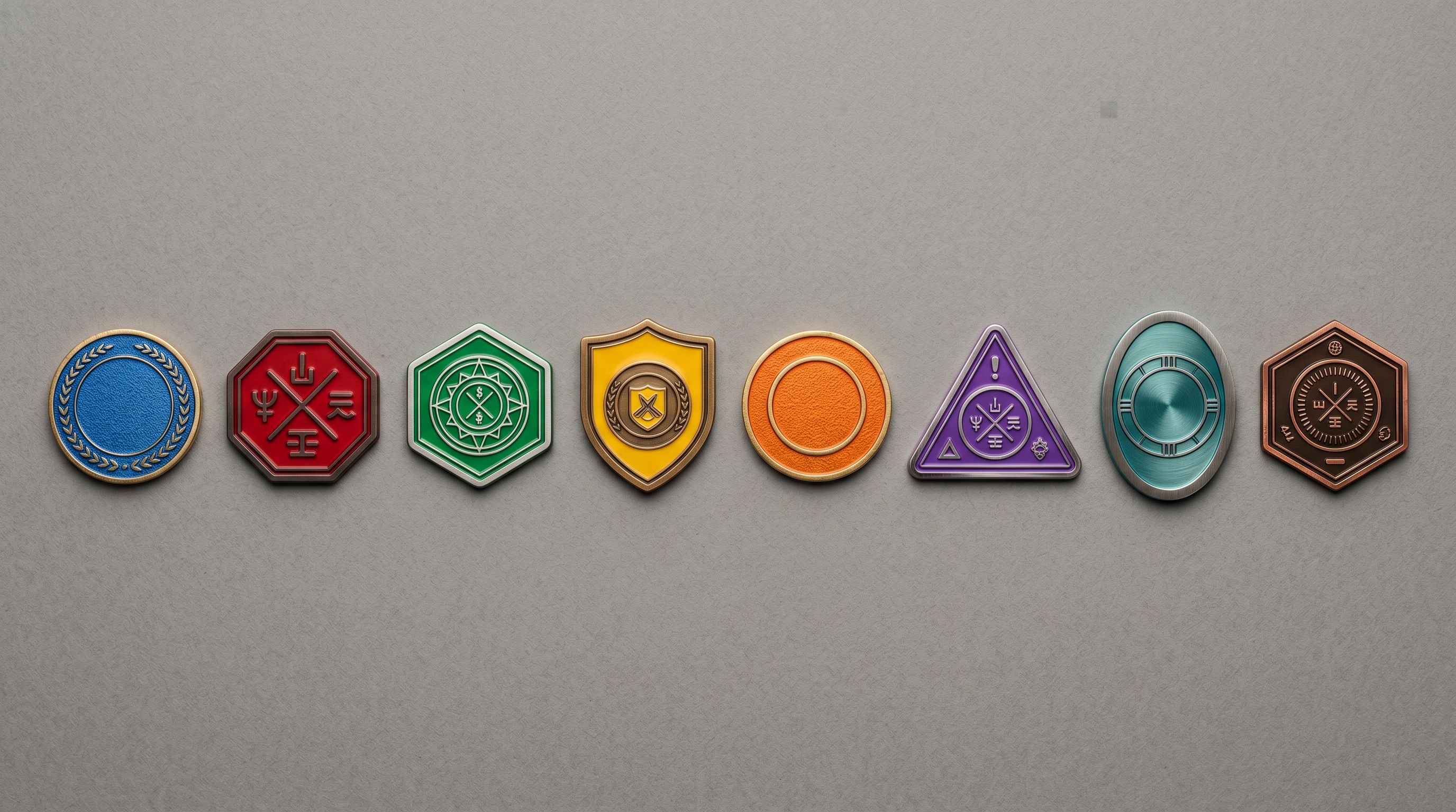 Regulatory compliance badges and approval discs arranged on a neutral grey surface.