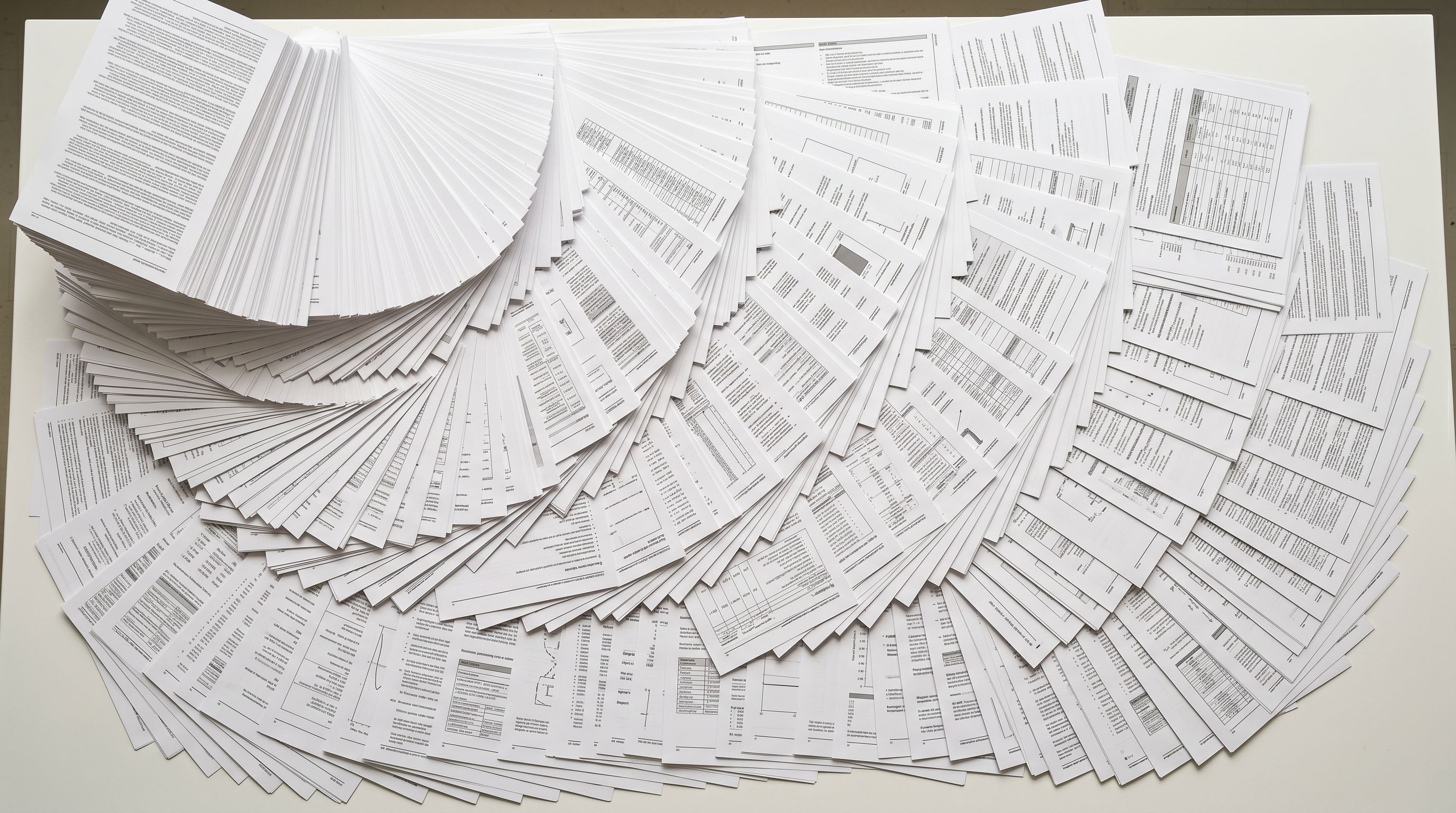 Large stack of printed product data sheets fanned across a wide white table.