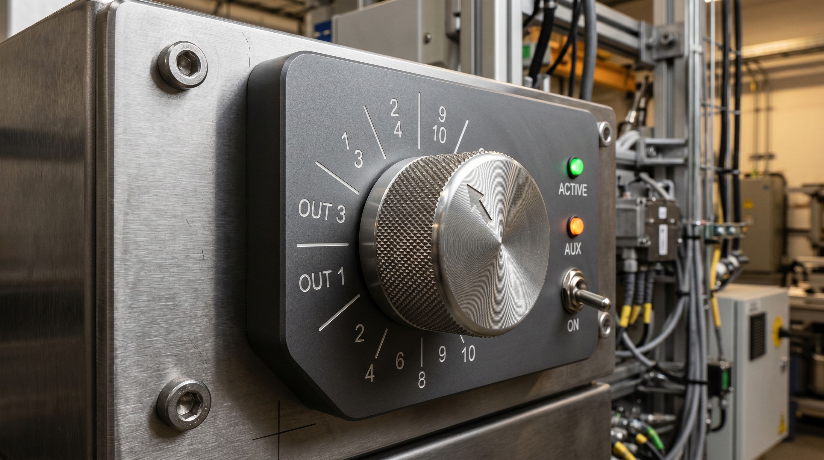 Precision mechanical selector dial on a clean industrial panel representing configuration.