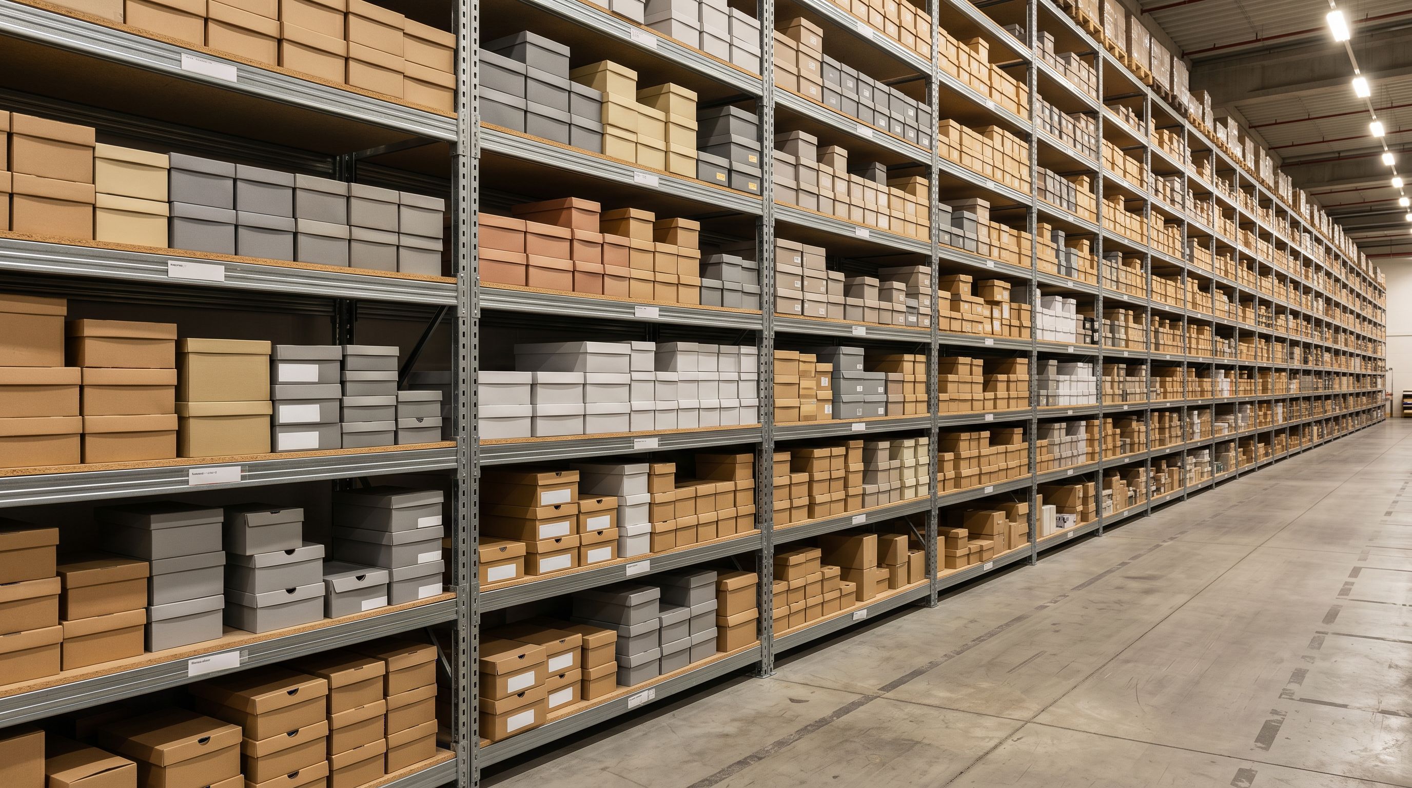 Wide industrial shelving unit stocked with neatly organised product boxes in rows.