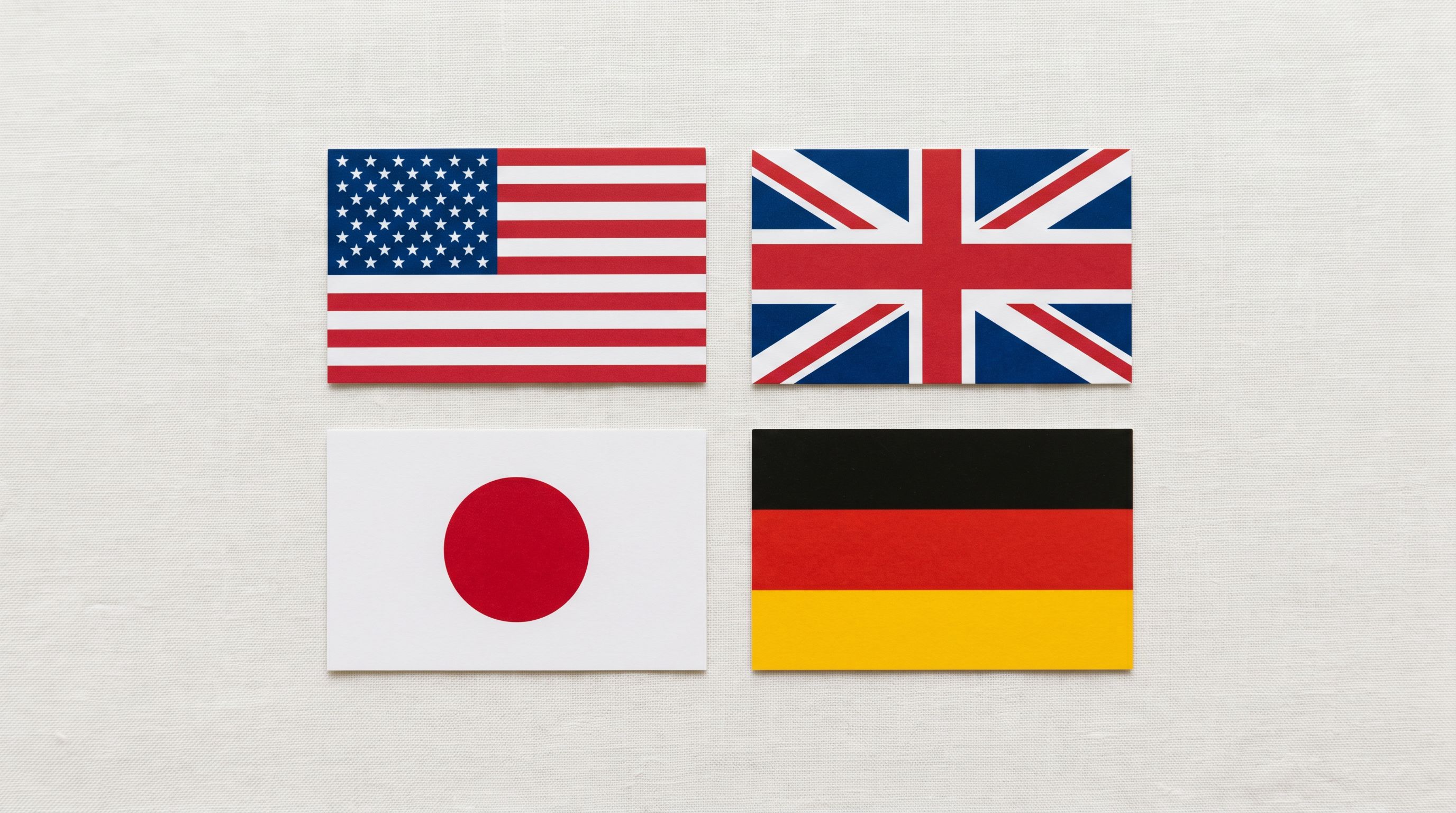 Four distinct national flag cards arranged in a grid representing international markets.