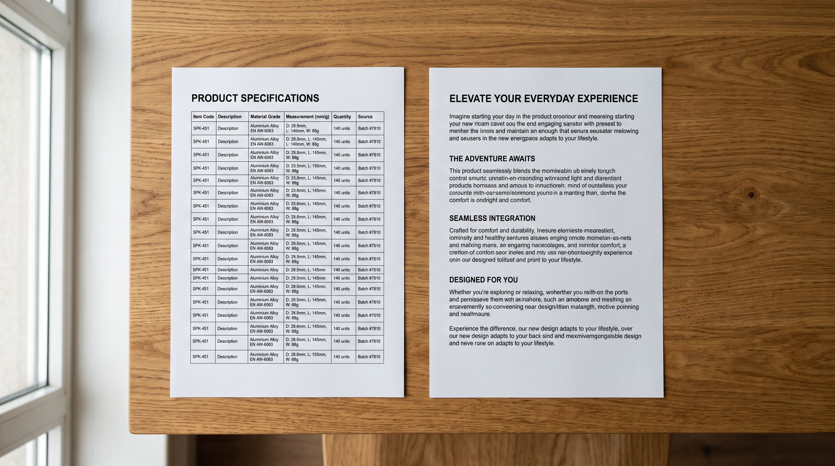 A printed wholesale supplier product specification sheet on a desk beside a printed retail product description for the same item, showing the contrast between technical specifications and benefit-focused consumer copy.