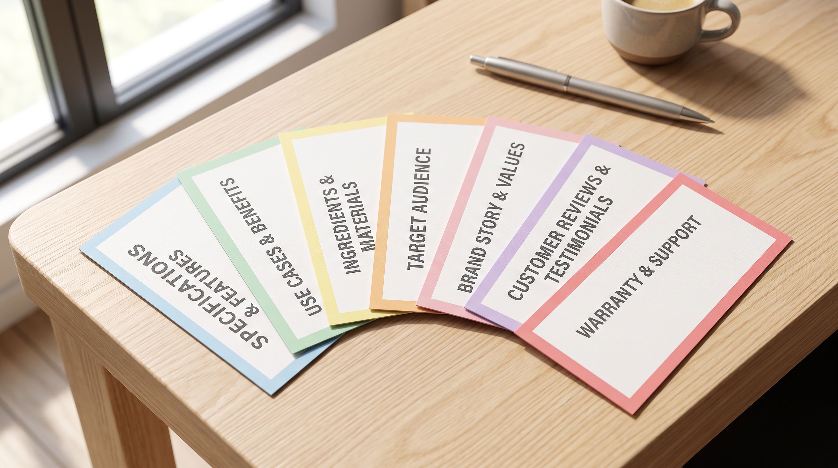 Seven labelled description style cards fanned out on a desk, each with a category tag such as Technical Gadget, Emotional Storytelling, and Benefits-First, representing the seven Importier AI description style options.