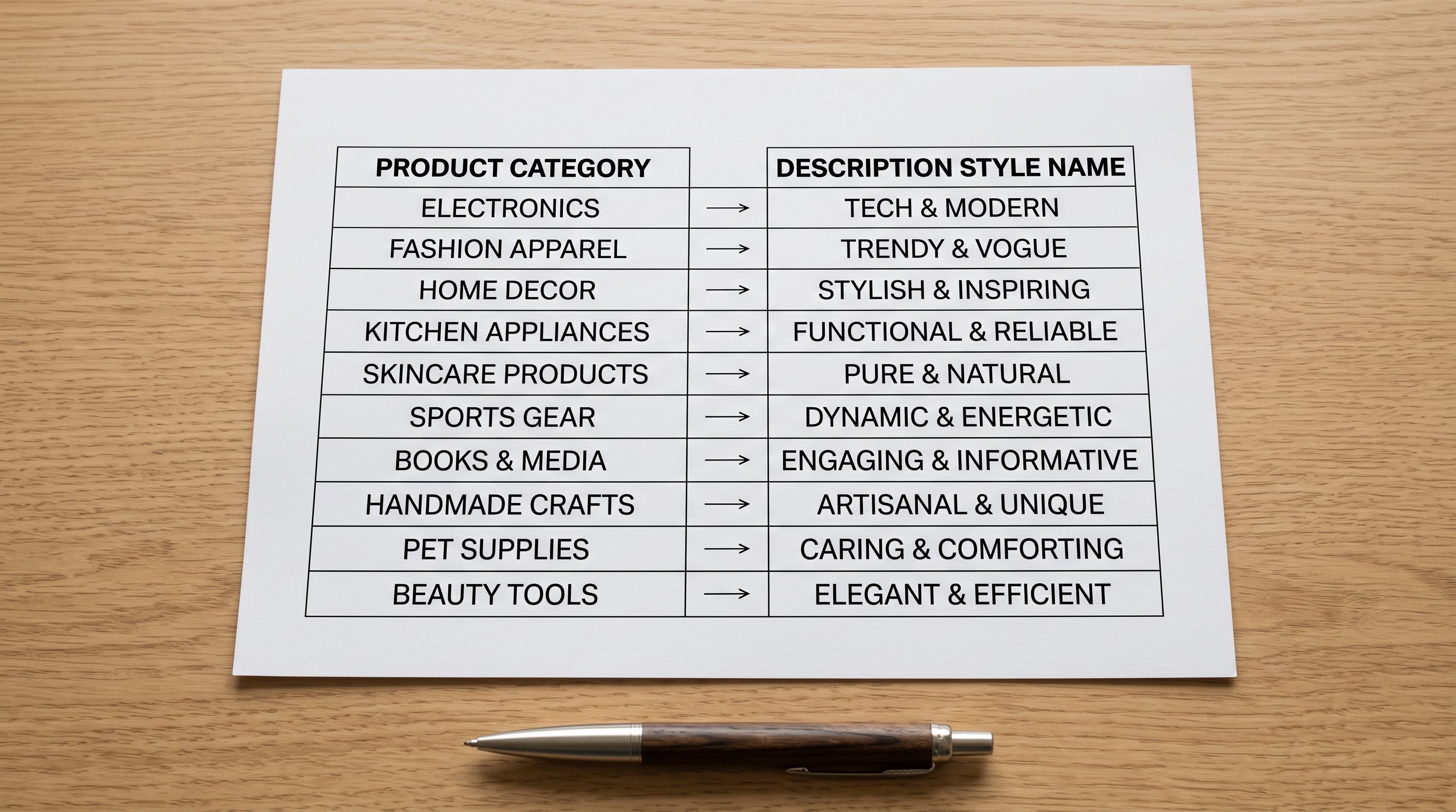 A printed product category to description style mapping table on a desk, showing rows of product categories matched to description style names with arrows between columns, representing the style selection process before an Importier import.