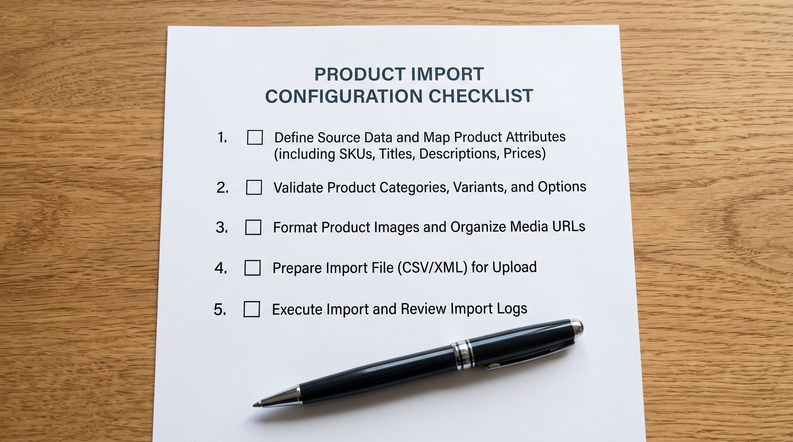 A printed five-step import configuration checklist on a desk with checkboxes beside each step and a pen resting alongside, representing the setup process for replacing supplier copy with AI-generated descriptions during a bulk import.