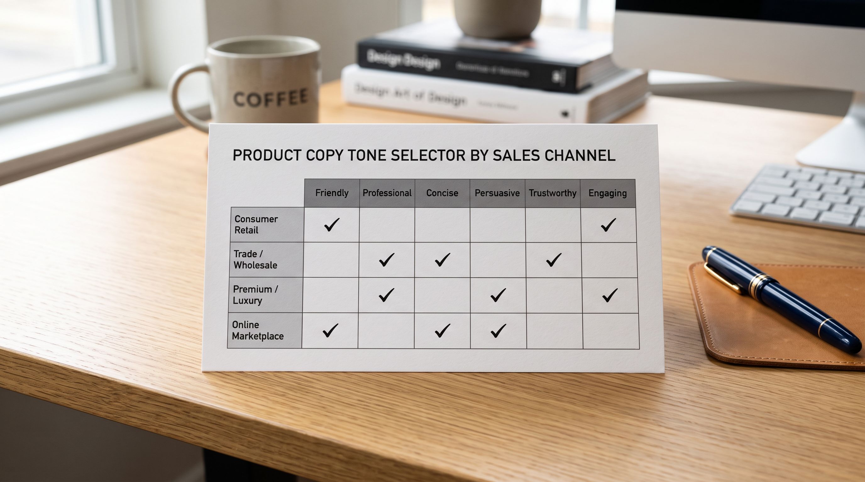 A printed sales channel tone guide on a desk with rows showing D2C, B2B, premium goods, and marketplace channels matched to tone options, representing the channel-appropriate tone selection for AI-generated product descriptions.