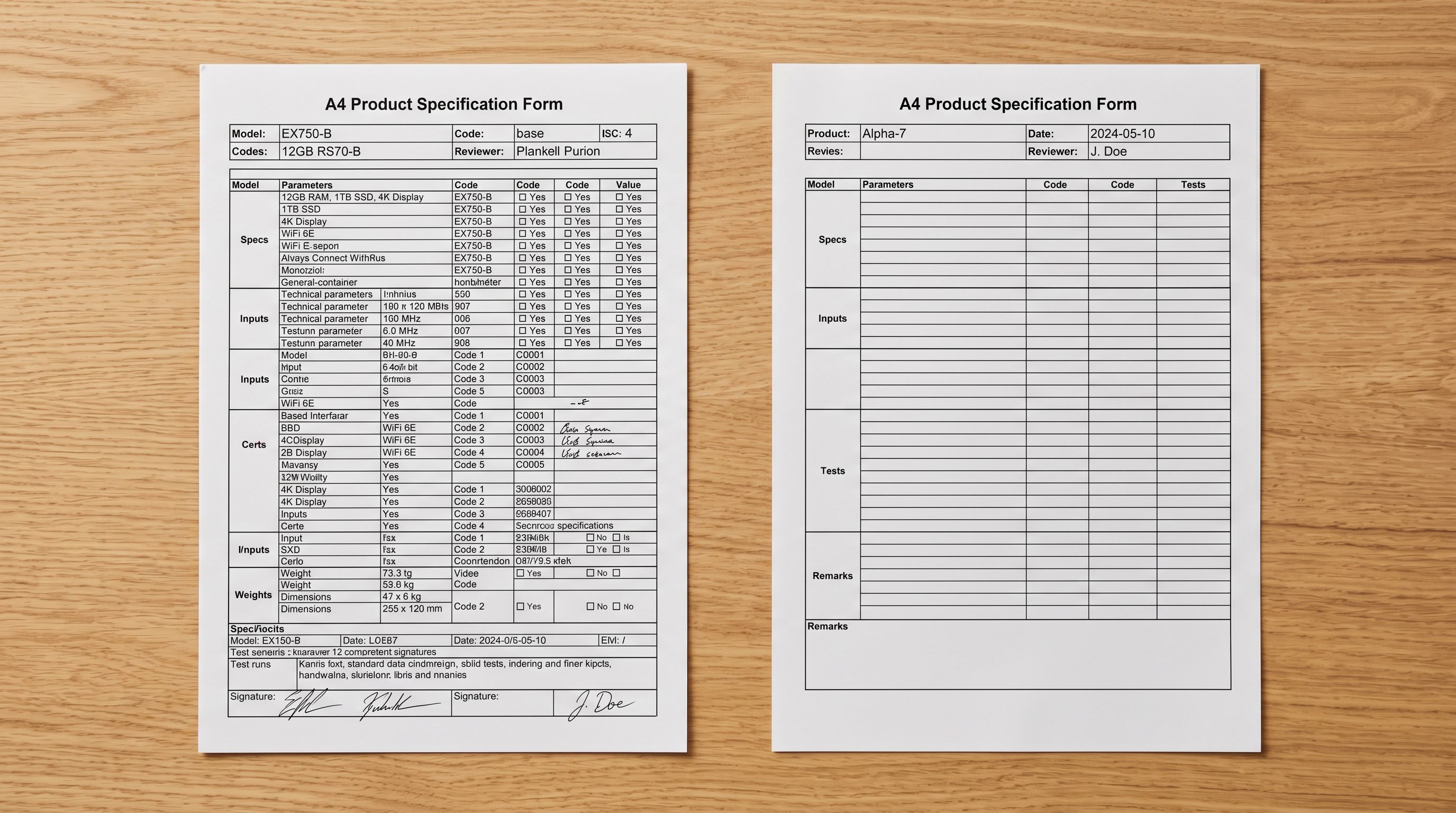 Two specification forms side by side, one densely filled and one sparse, showing the contrast in data completeness.