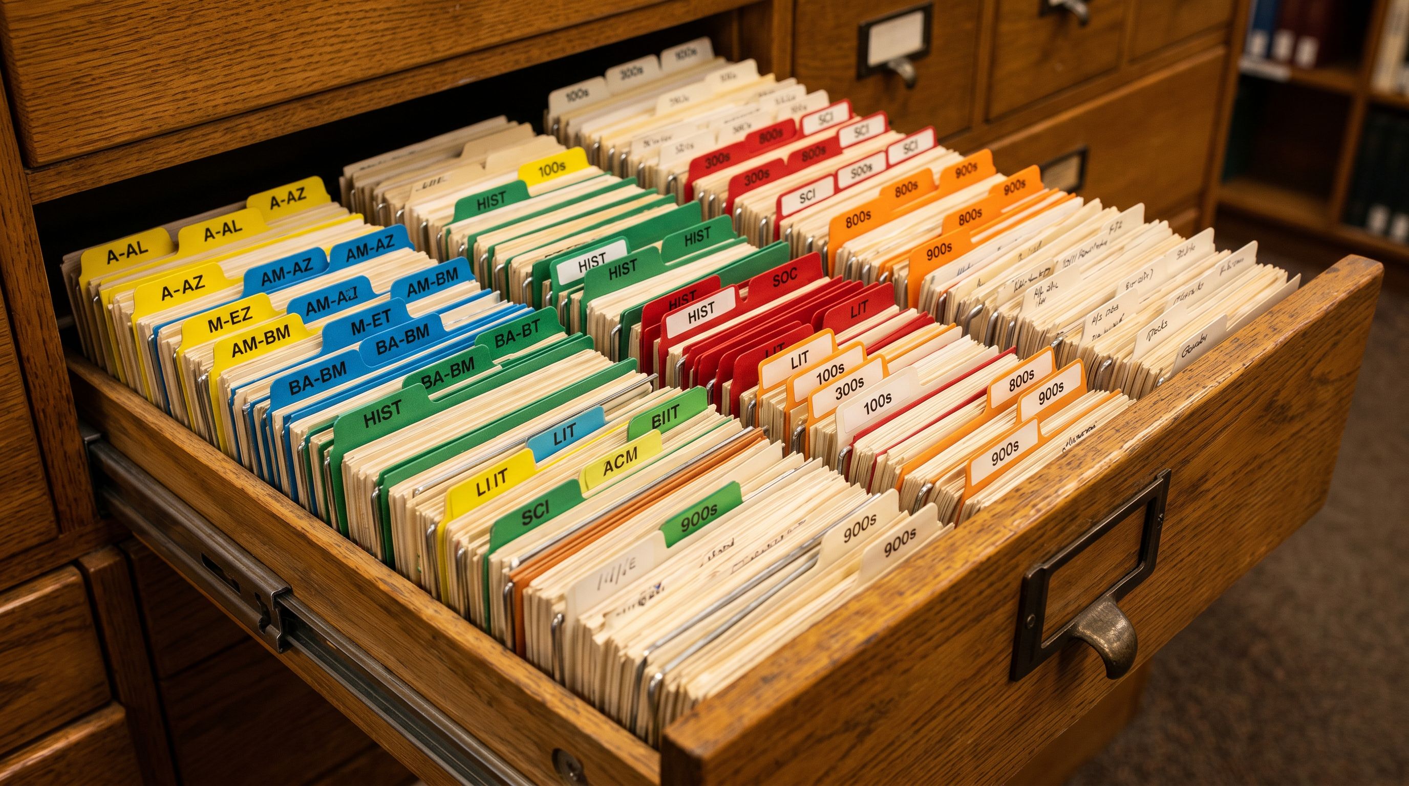 Library card catalogue drawer with colour-coded index tabs and dividers organised systematically by category.
