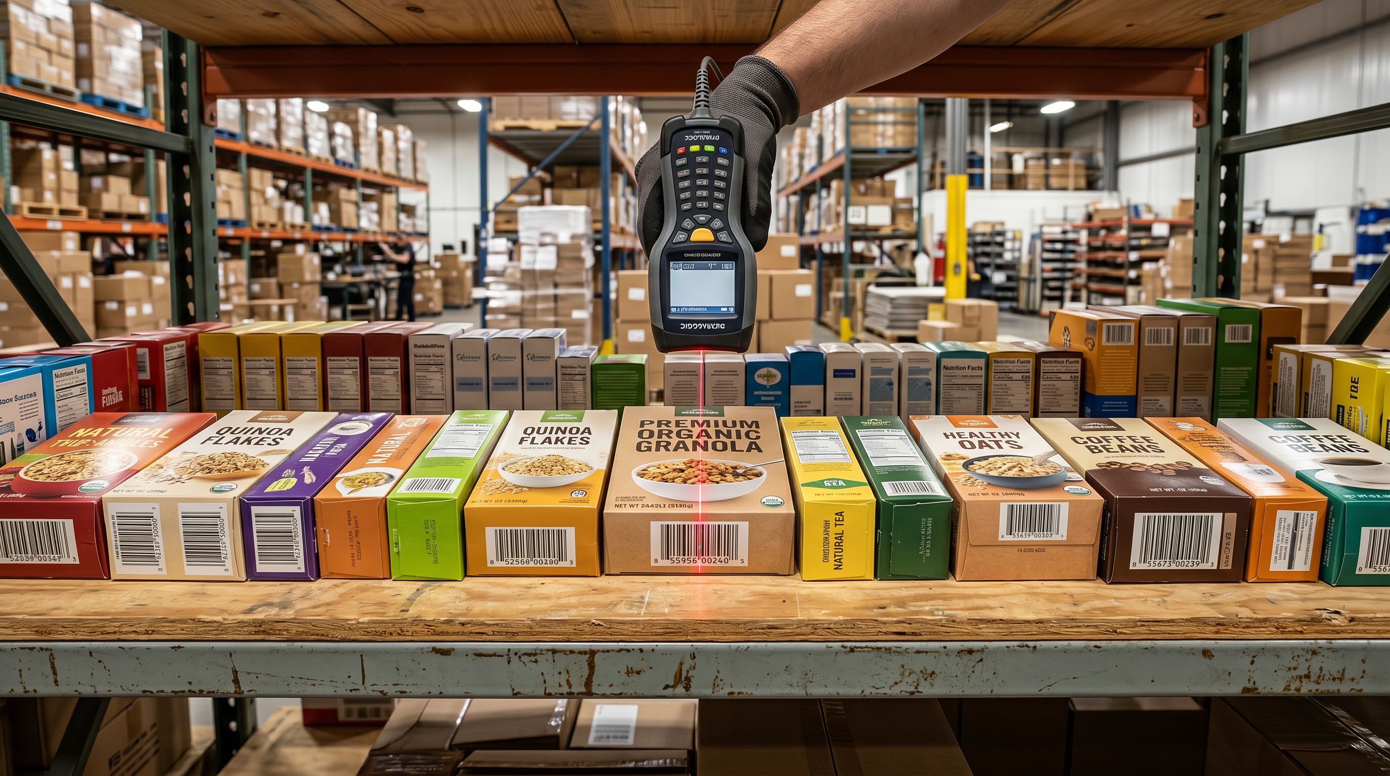 Handheld barcode scanner aimed at retail product packages arranged on a warehouse shelf.
