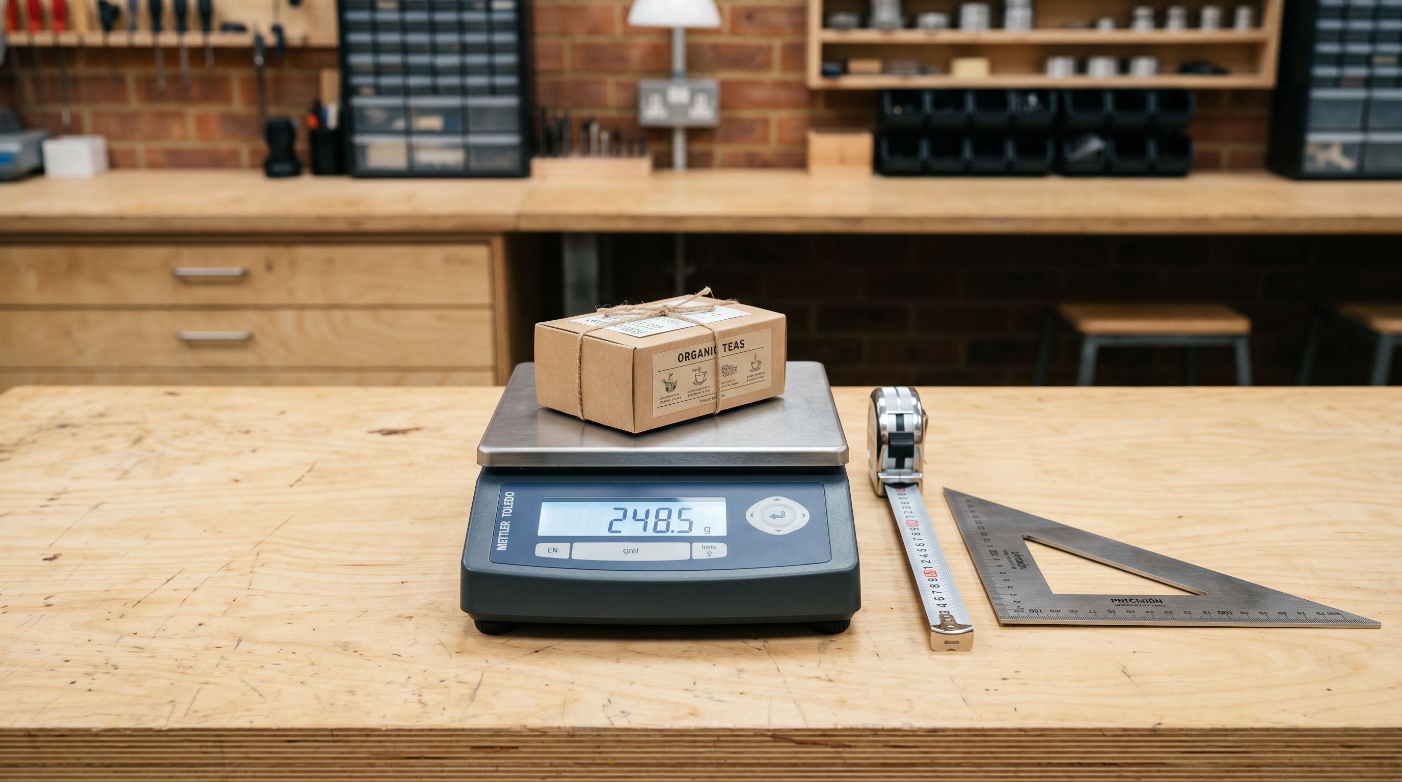 Precision digital postal scale on a workbench with product package, measuring tape, and set square arranged alongside.