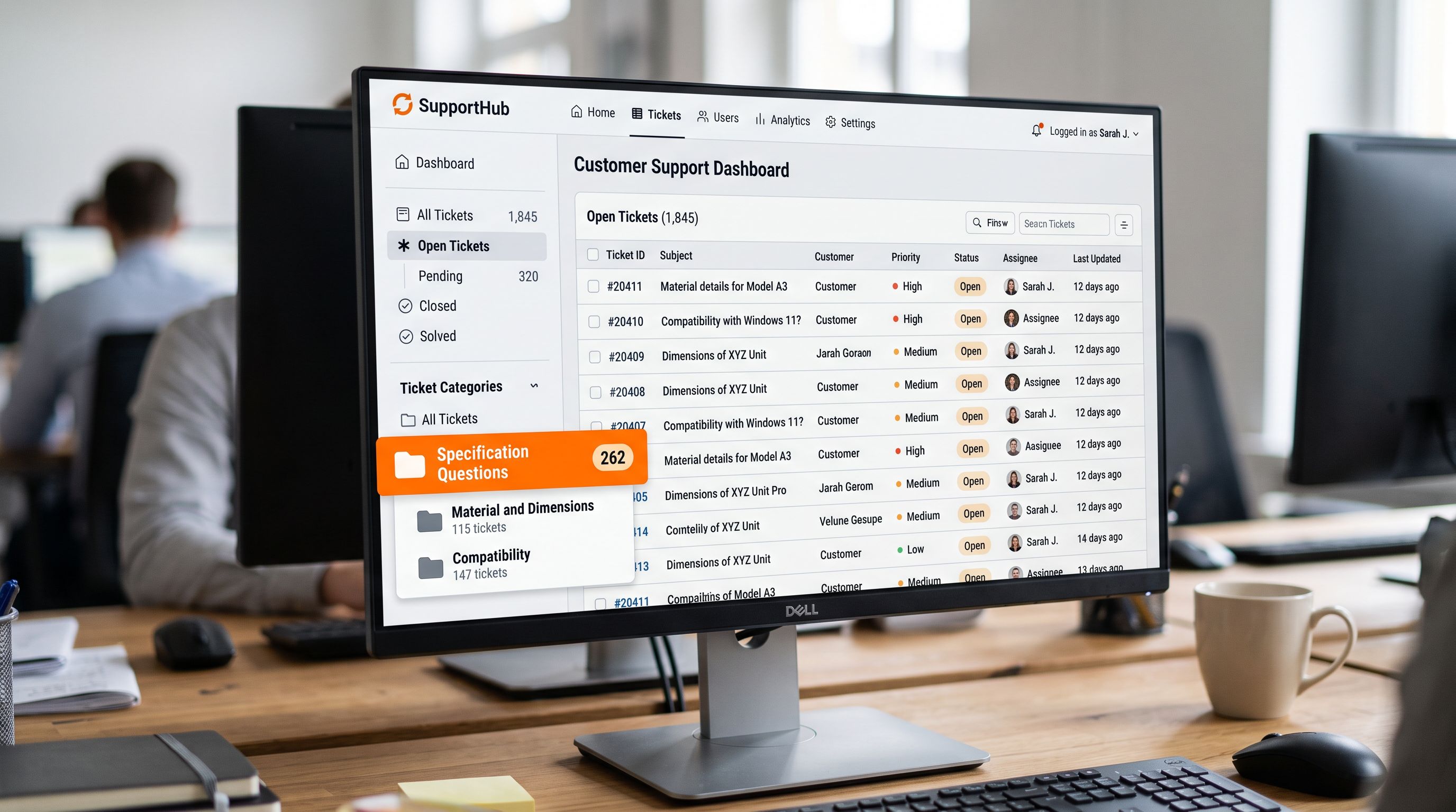 A customer support interface showing a ticket inbox with tickets categorised by topic, with a highlighted cluster of 262 tickets labelled Specification Questions showing material, dimensions, and compatibility as subtopics, sharp focus, colour photography.