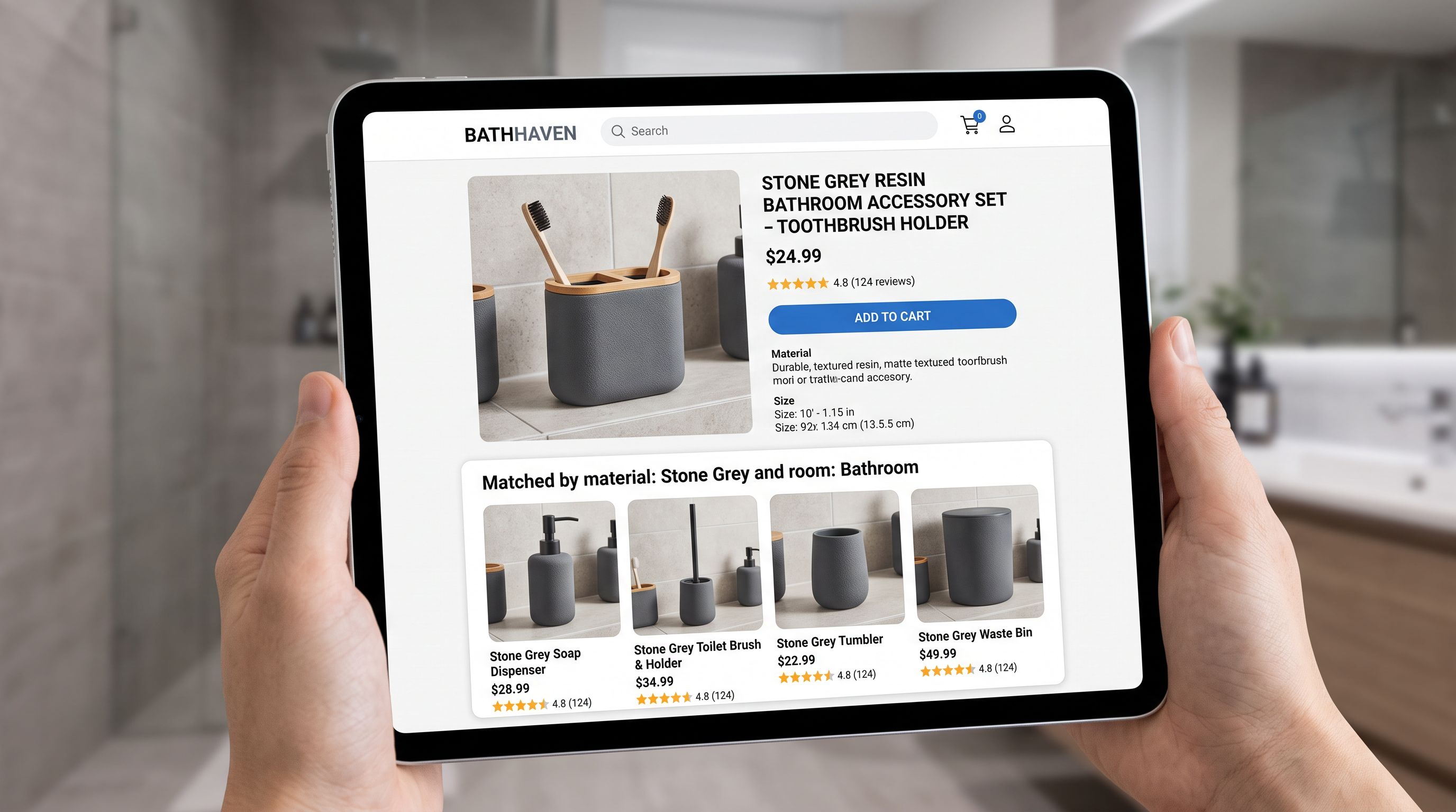 A product recommendation panel on a homewares product page showing four related products matched by material type stone grey and room category bathroom, all showing matching colour family, product images in a horizontal row, sharp focus, colour photography.
