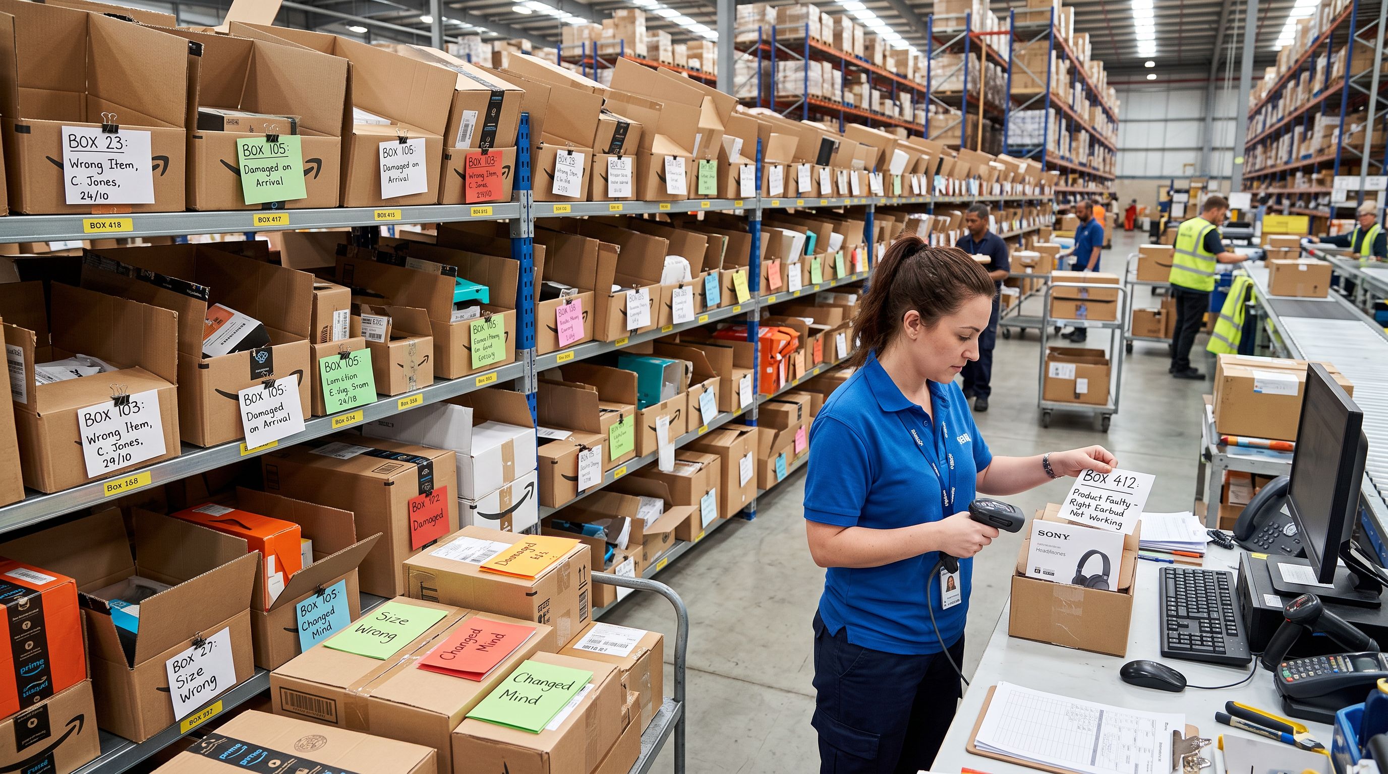 A returns processing area showing opened product boxes stacked on shelves with return reason cards attached, a warehouse worker reviewing the cards, bright overhead lighting, sharp focus, colour photography.