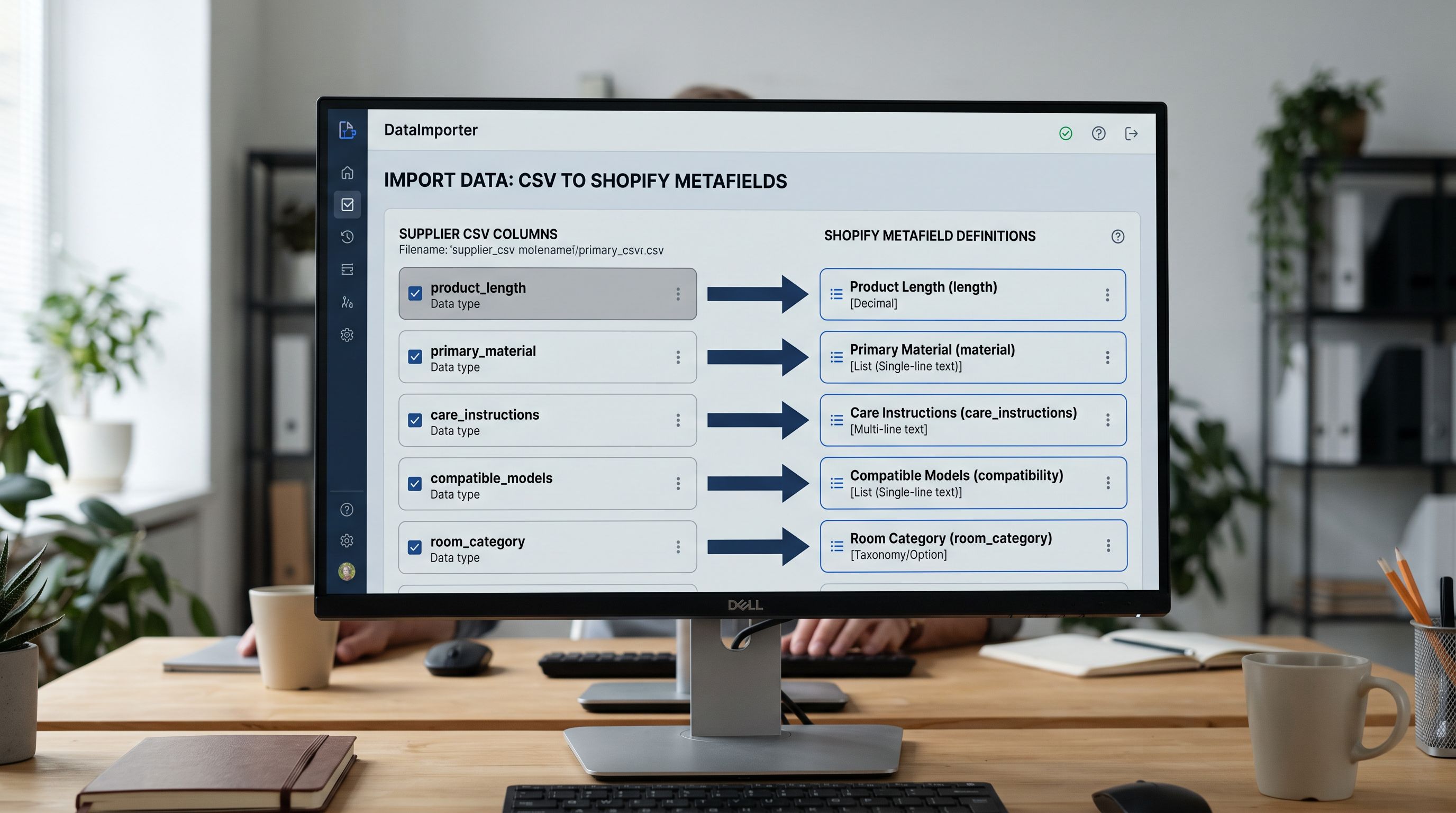 A Shopify import column mapping screen showing five supplier file columns being mapped to five retention metafields: product length to length decimal, material to material list, care instructions to care text, compatible models to compatibility list, and room category to taxonomy field, sharp focus, colour photography.