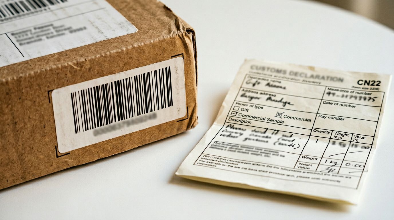 Barcode label on product packaging beside a customs declaration form on a white surface.