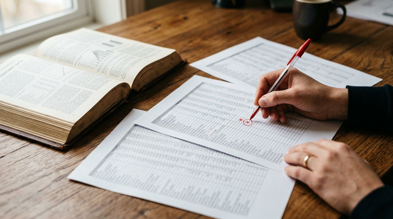 Printed spreadsheet pages on a wooden desk with a red pen marking empty data cells.