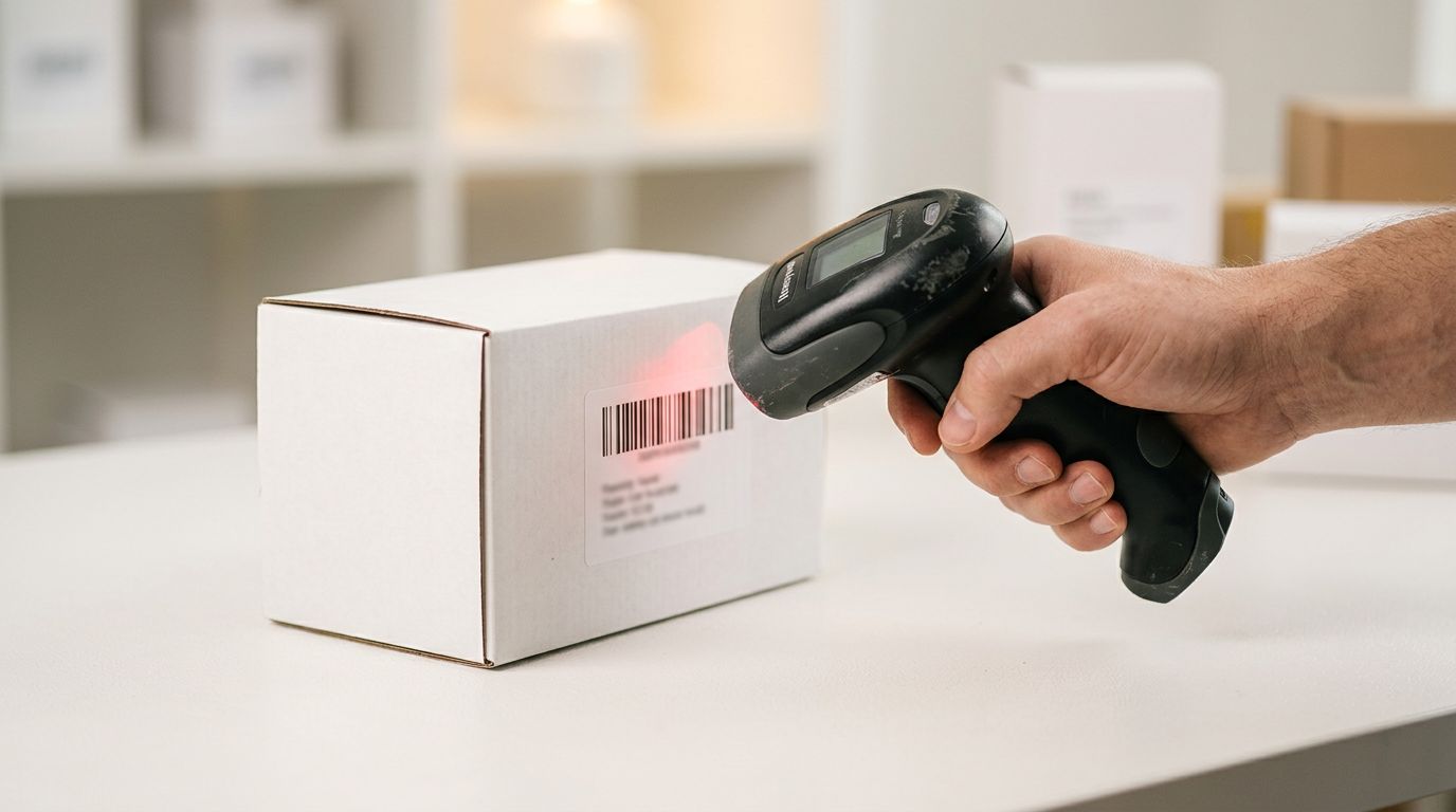 Handheld barcode scanner reading a barcode on a white product box on a clean surface.