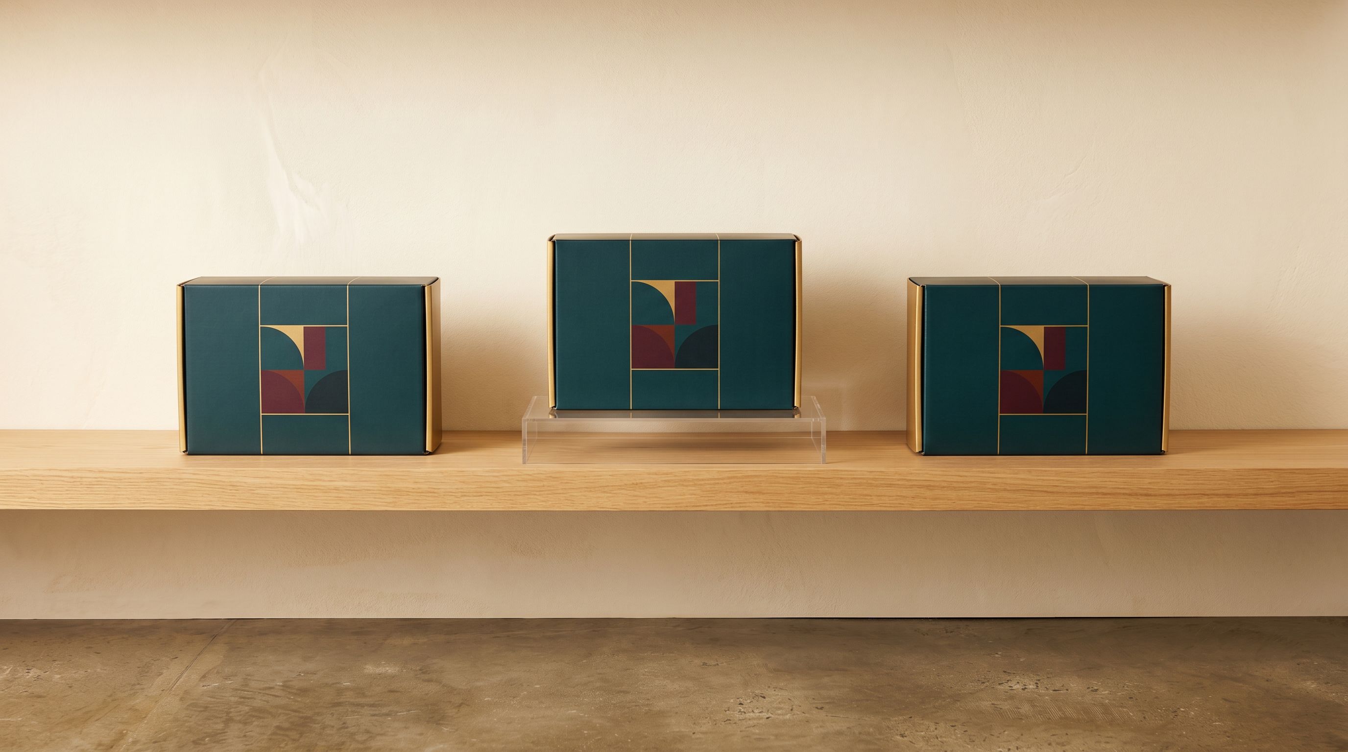 Three premium product boxes on a retail shelf with one positioned forward, suggesting a selected recommendation from a product set.