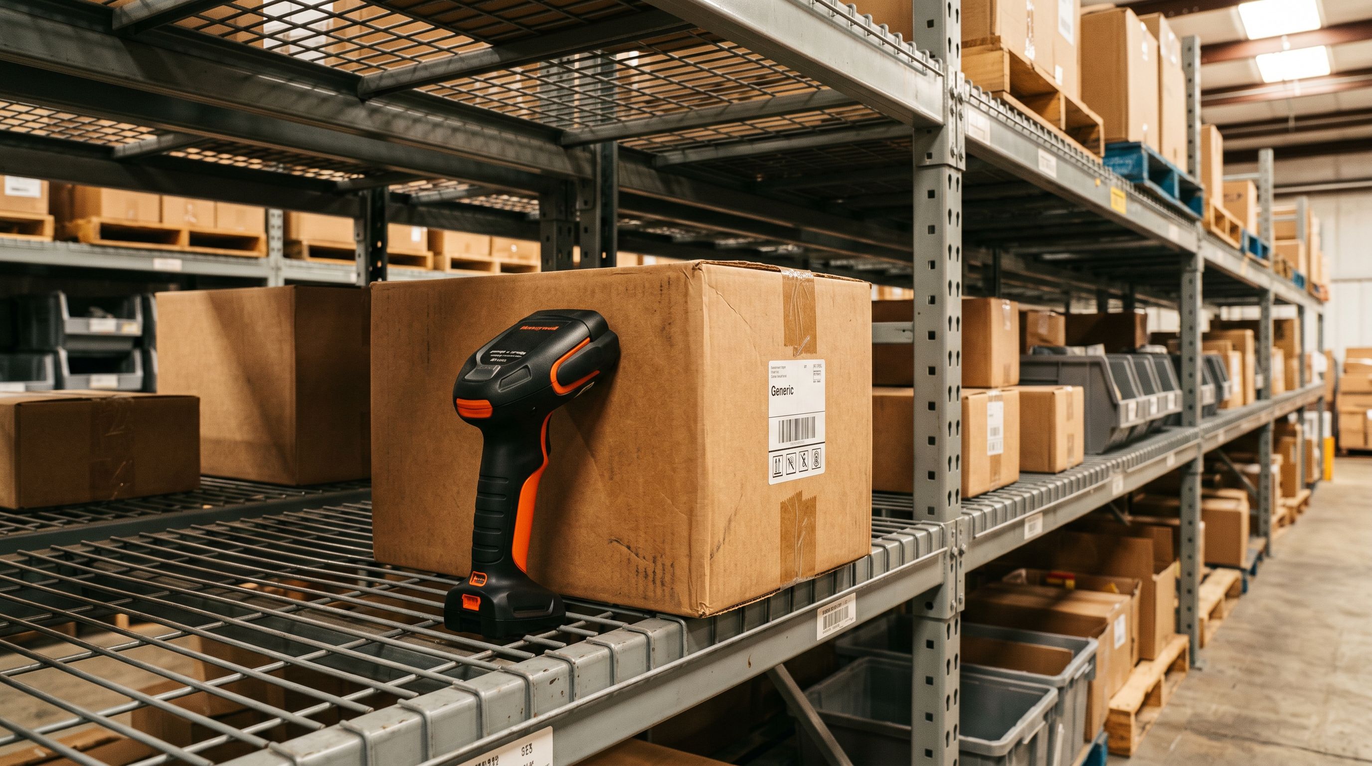 A professional barcode scanner resting against a product shipping box on a warehouse shelf, both objects in sharp focus.
