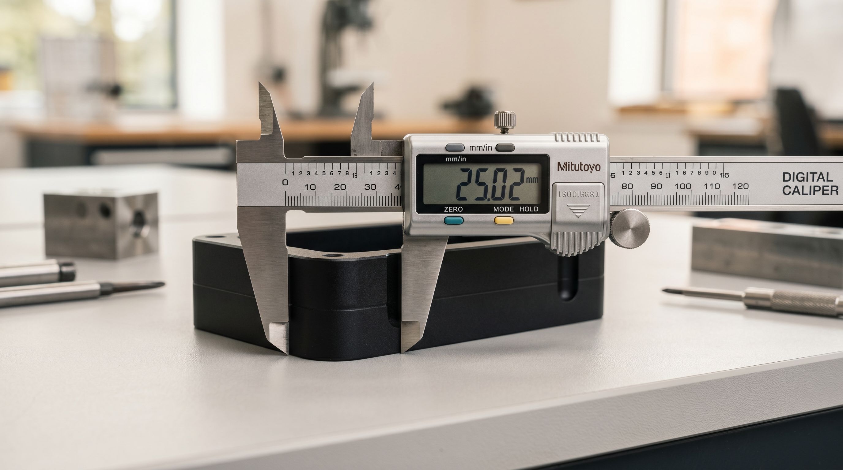 A stainless steel calliper measuring the edge of a matte product component on a white workbench surface.