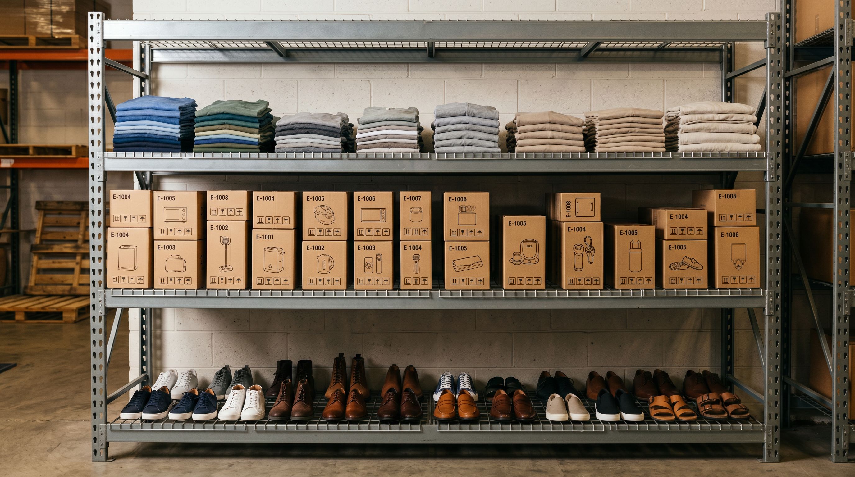 A retail stockroom with three shelves each holding a neatly organised category of products — textiles, electronics, and footwear.