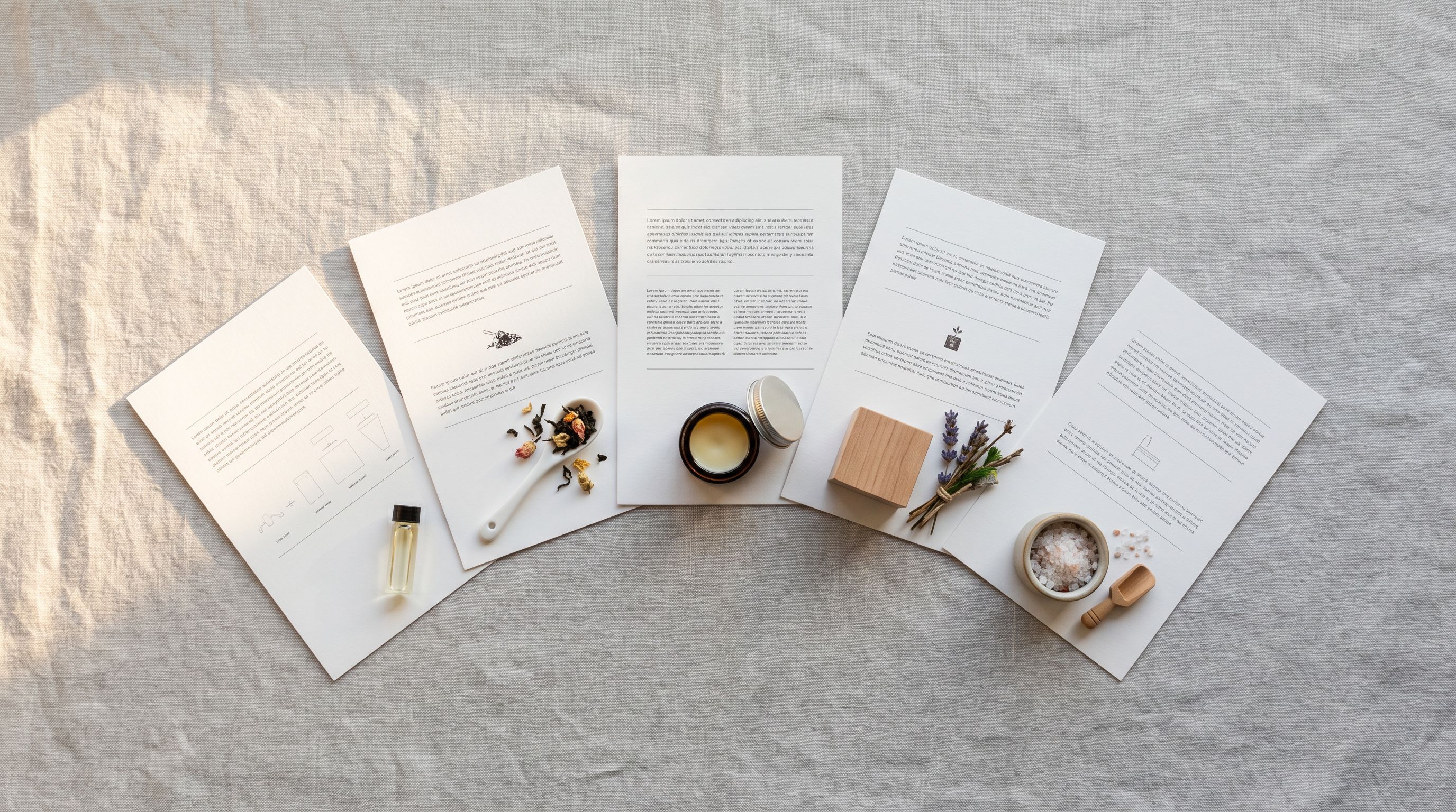 Product information cards fanned out on linen surface, each showing a distinct AI-generated product description.