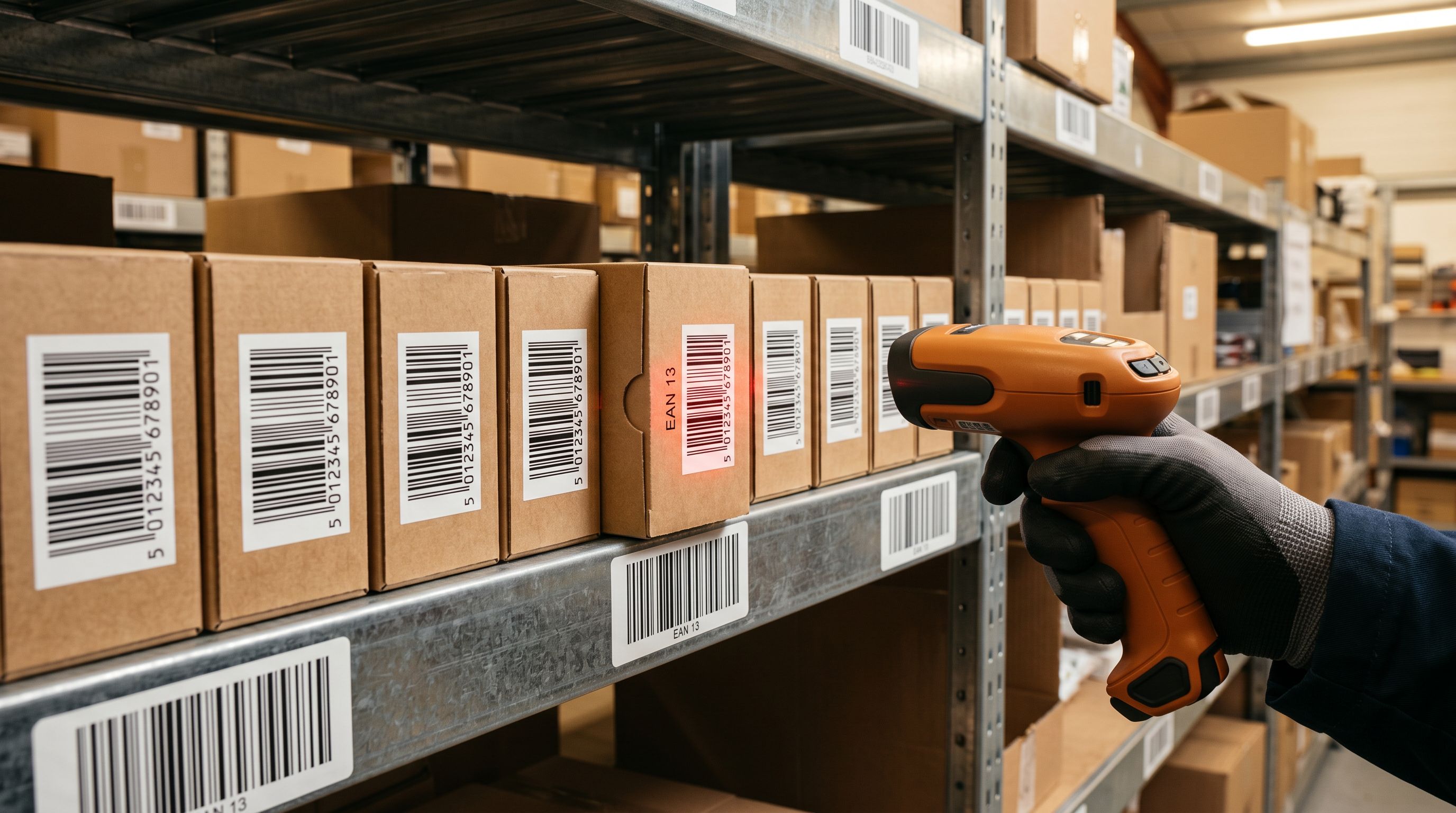 Consumer product packages on warehouse shelving with EAN barcode strips visible, a handheld scanner pointing at one package.