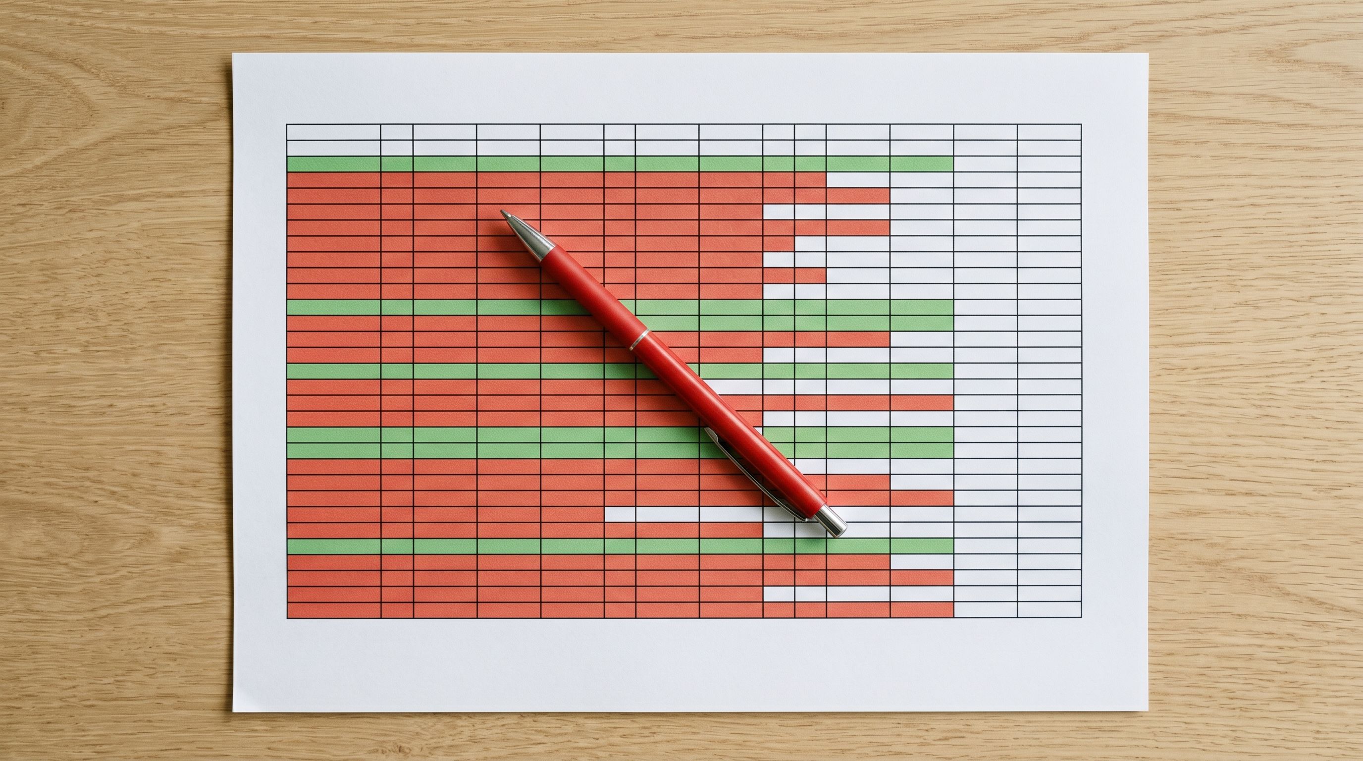 Overhead view of a colour-coded data spreadsheet with red and green cells showing missing and complete product data fields.