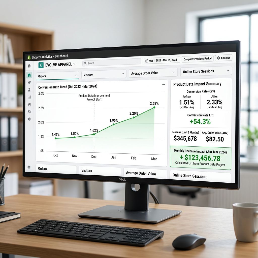 A Shopify analytics dashboard on a large monitor showing a conversion rate trend graph over a six-month period with a clear upward movement in the most recent three months following a data improvement project, alongside a metrics panel showing the before and after conversion rate figures and the calculated monthly revenue impact of the 0.6 percentage point improvement, everything in sharp focus no blur no depth of field, colour photography.