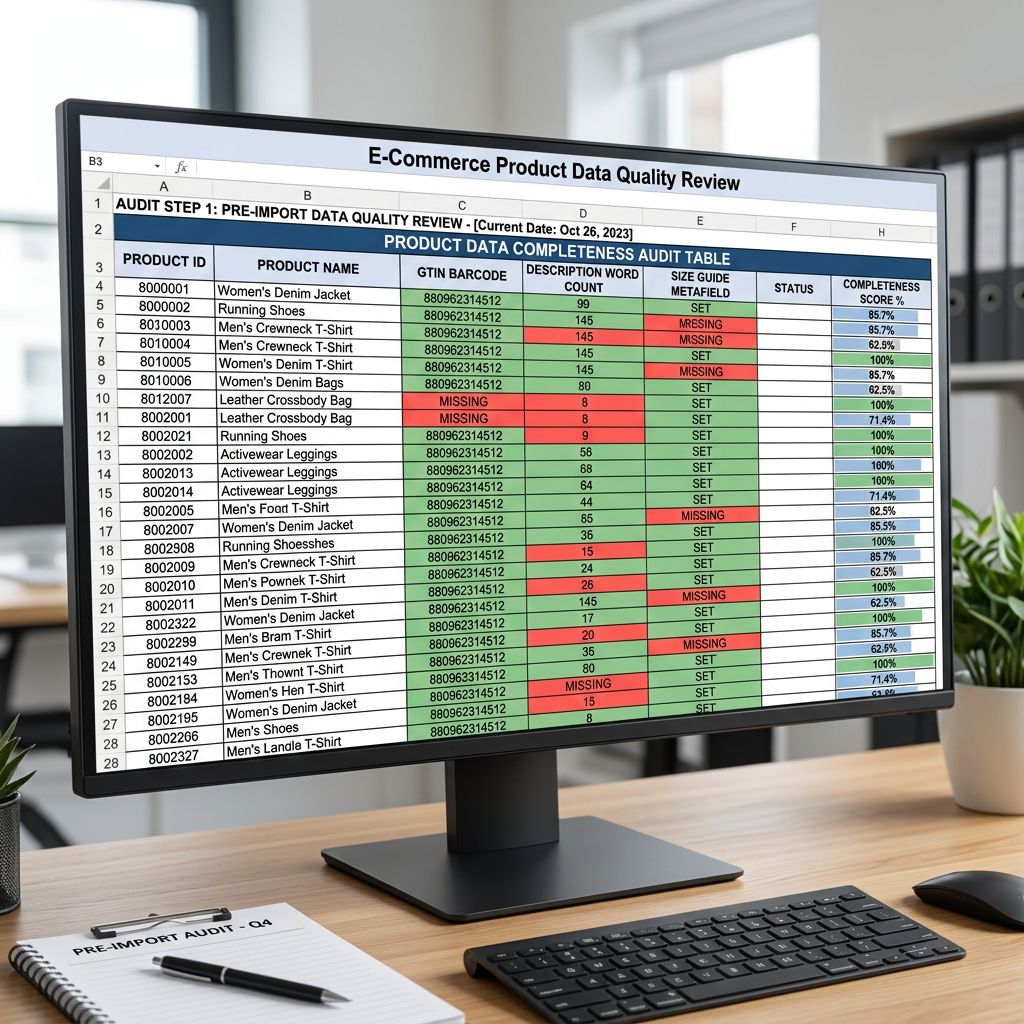 A spreadsheet on a large monitor showing a product data completeness audit with columns for product handle title GTIN barcode description word count size guide metafield and a calculated completeness score for each product row, with colour coding showing red for missing required fields and green for complete fields, representing the data audit step that identifies which products need improvement before the import project begins, everything in sharp focus no blur no depth of field, colour photography.