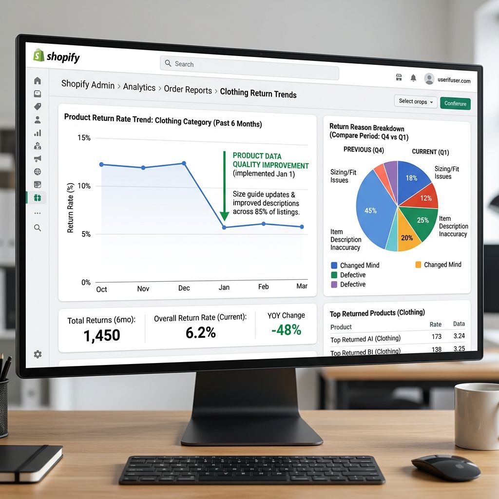 A Shopify admin returns analytics screen on a large monitor showing a six-month return rate trend for a clothing product category with a clear downward step in returns following a product data improvement project, alongside a breakdown of return reasons showing a reduction in sizing and description inaccuracy returns compared to the previous period, everything in sharp focus no blur no depth of field, colour photography.