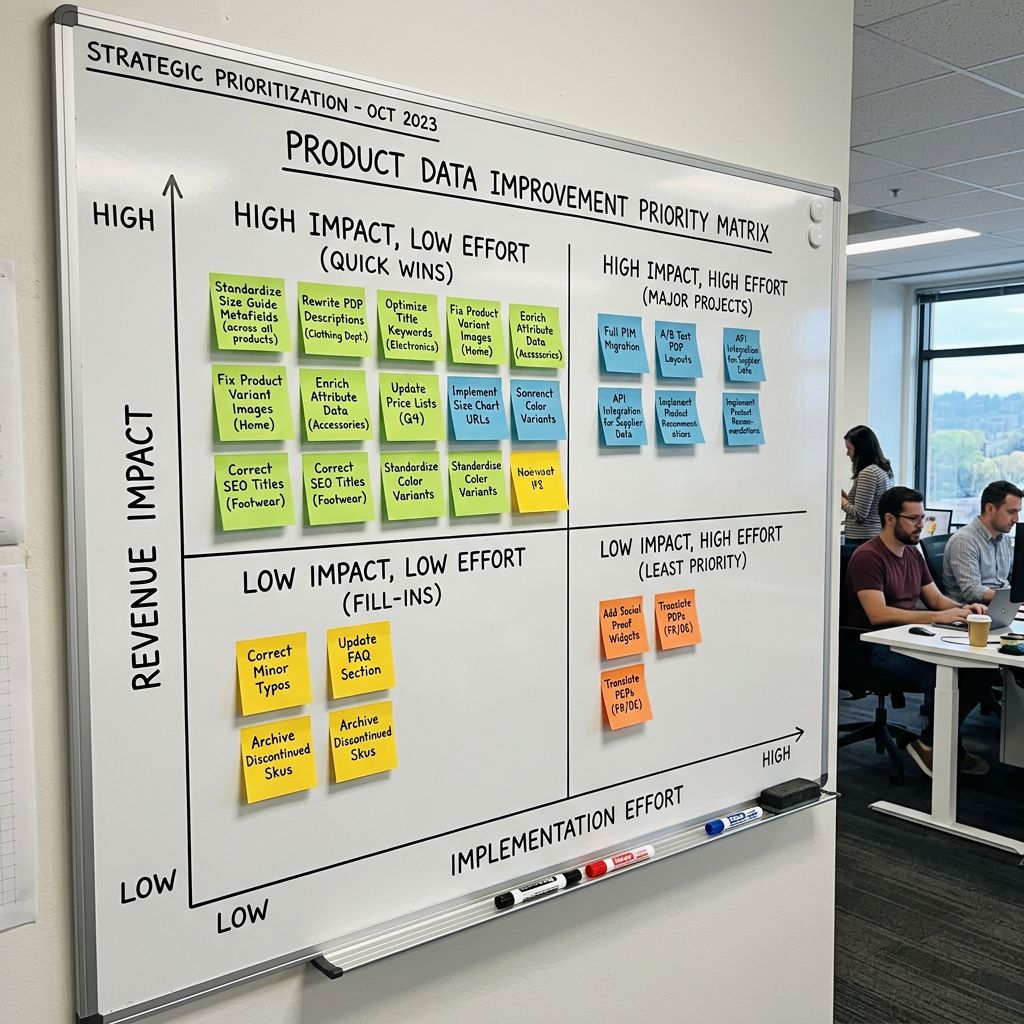 A prioritisation matrix on a whiteboard with two axes labelled Revenue Impact and Implementation Effort showing four quadrants with sticky note clusters representing different product data improvement tasks, with high-revenue low-effort tasks like adding size guide metafields to high-return products in the top-left priority quadrant, everything in sharp focus no blur no depth of field, colour photography.