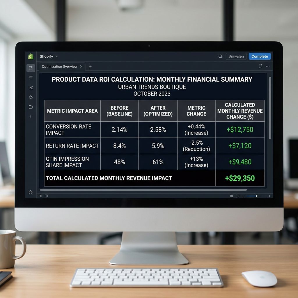A simple three-column financial summary table on a large monitor showing a product data ROI calculation with rows for conversion rate impact return rate impact and impression share impact each showing before and after figures and a calculated monthly revenue change, with a total row at the bottom showing the combined monthly revenue impact of the data improvement project, representing the final output of the five-step framework applied to a real Shopify store, everything in sharp focus no blur no depth of field, colour photography.