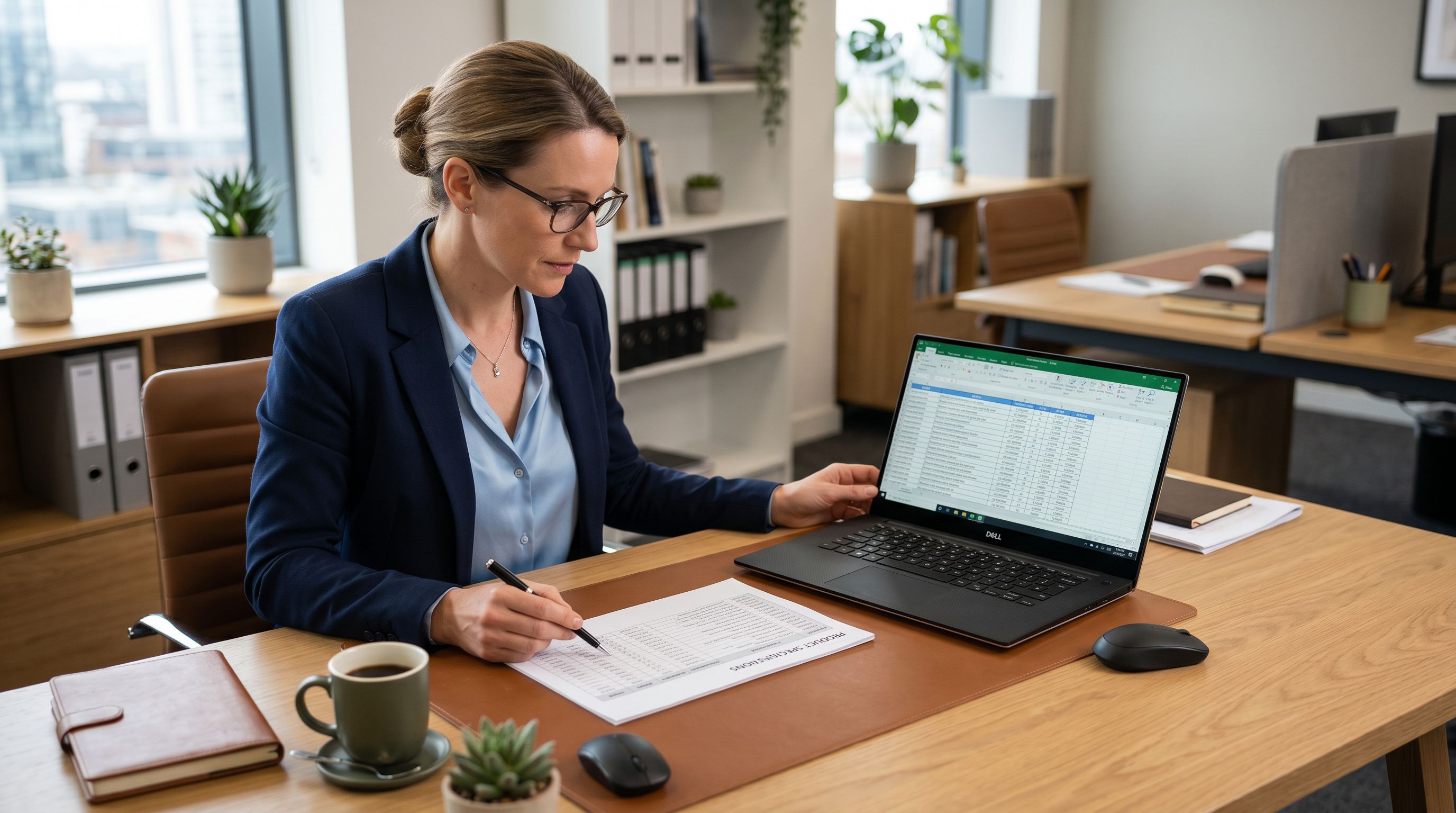 A person at a desk with a printed product specification sheet and a laptop displaying a product listing page with structured sections visible.