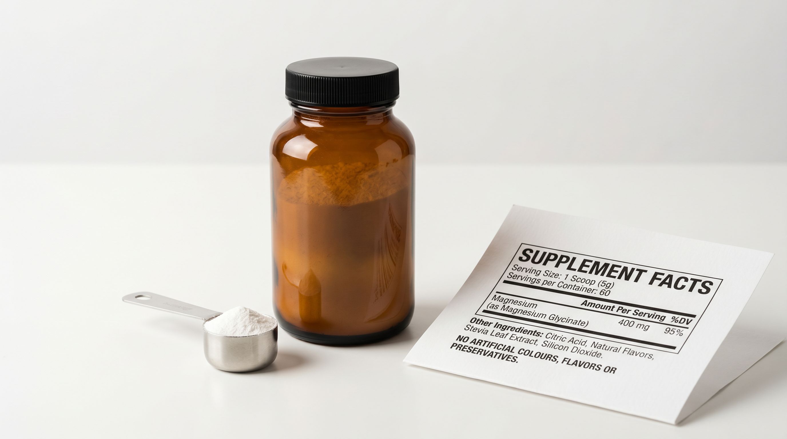 A supplement product bottle on a white surface next to a printed ingredients panel and a measuring scoop with powder.