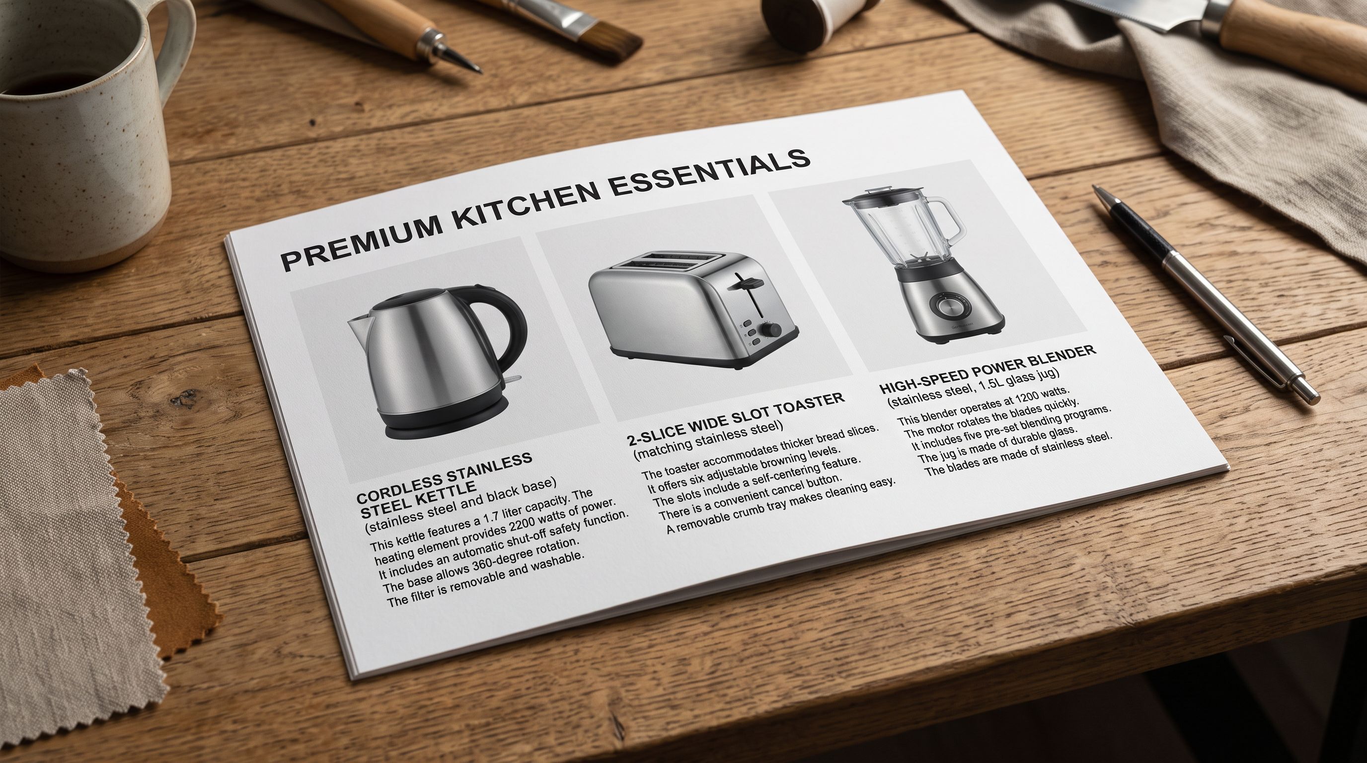 A printed product catalogue page showing multiple kitchen appliances with their technical specification descriptions written in plain declarative language, representing the factual style required for Google Merchant Centre compliance.