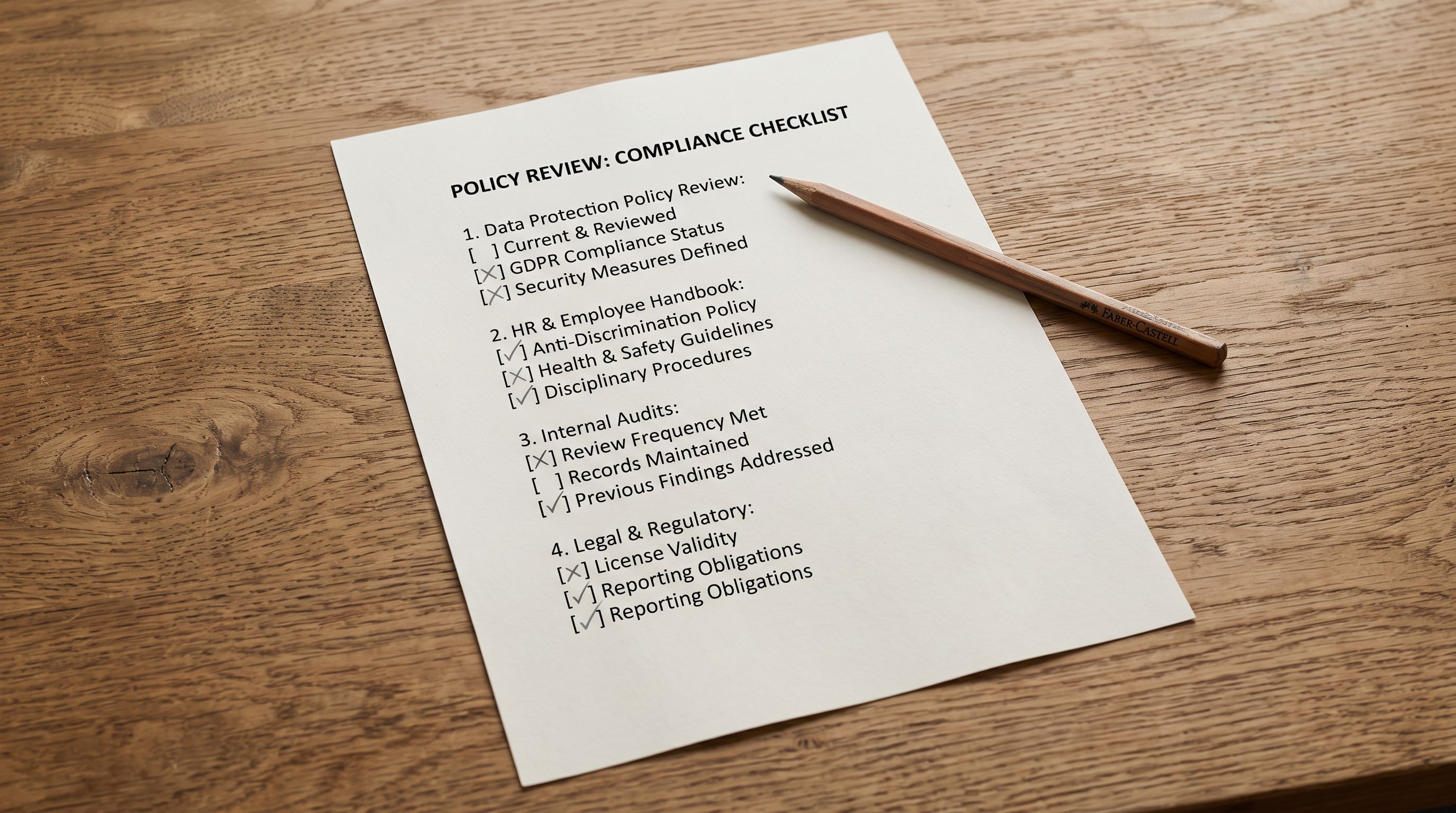 A printed compliance checklist document on a desk with a series of product description review items, each with a checkbox and annotation showing whether the description phrase is permitted or prohibited under content policy guidelines.