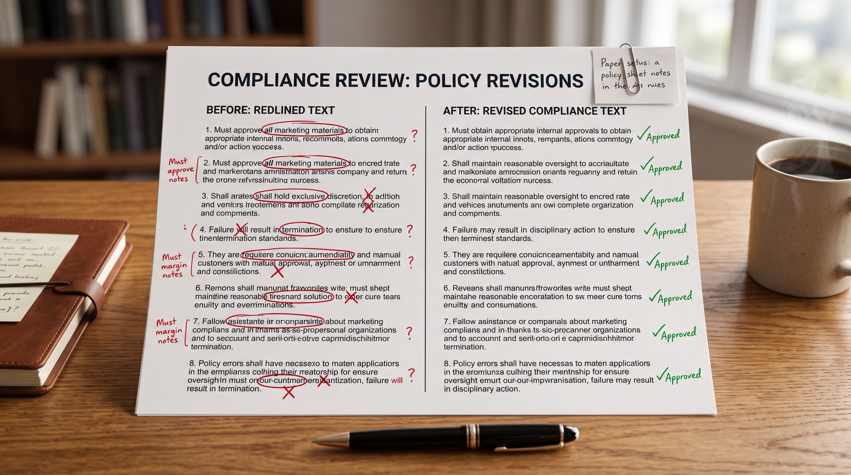 A merchant reviewing a printed sheet showing two versions of the same product description, the left column marked with red annotation symbols for policy violations, the right column with green checkmarks showing the compliant version.