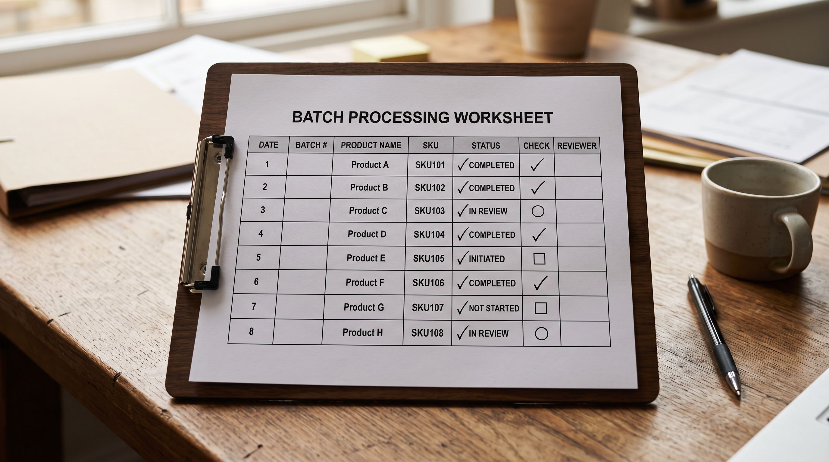 A printed batch processing checklist on a desk showing a list of product rows with status ticks beside each, representing the workflow of re-generating multiple product descriptions with a compliance mode filter applied.