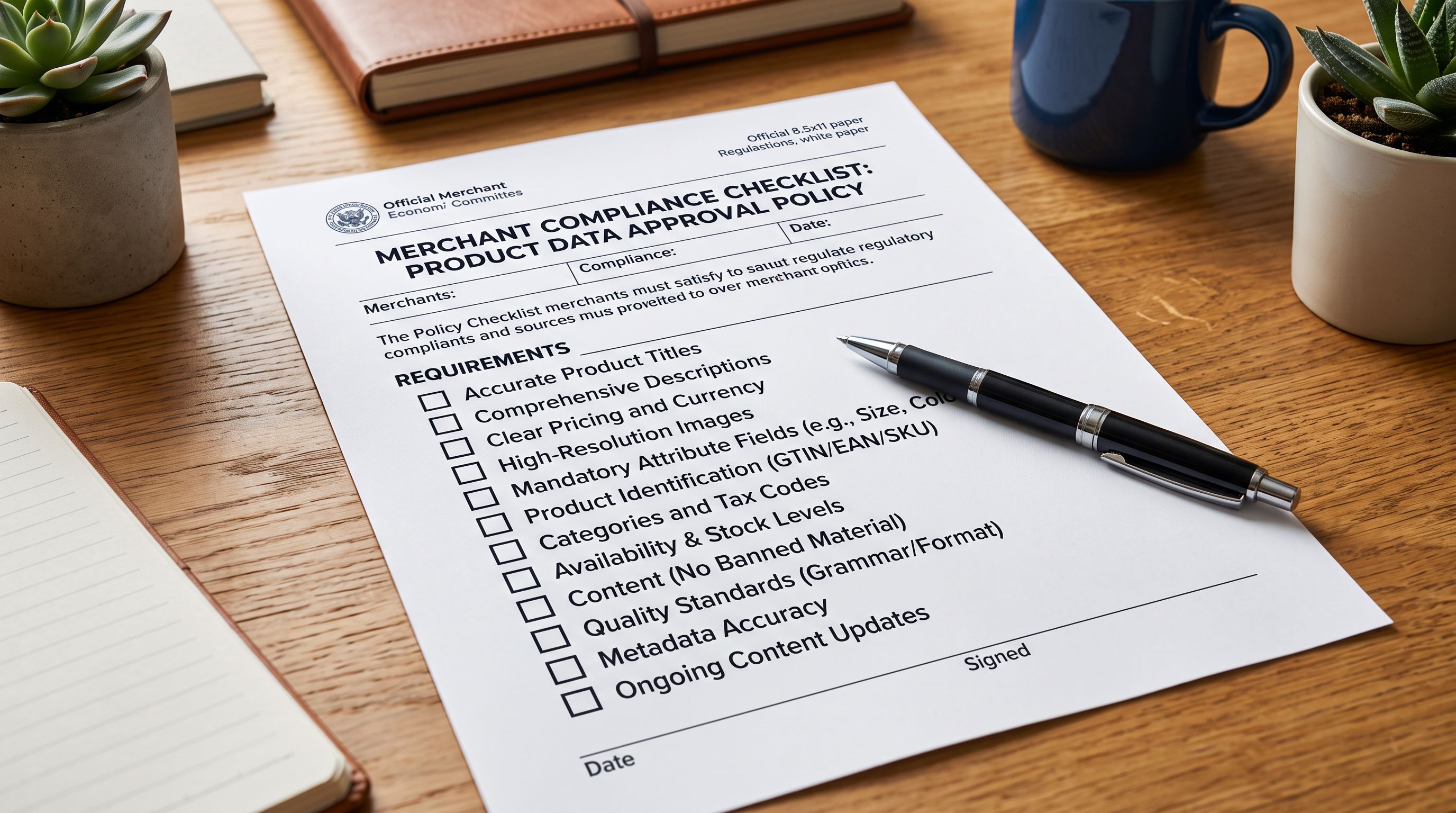 A printed regulatory compliance document on a desk with multiple policy requirement bullet points and checkboxes, representing the policy checklist that determines whether a product description meets approval requirements.