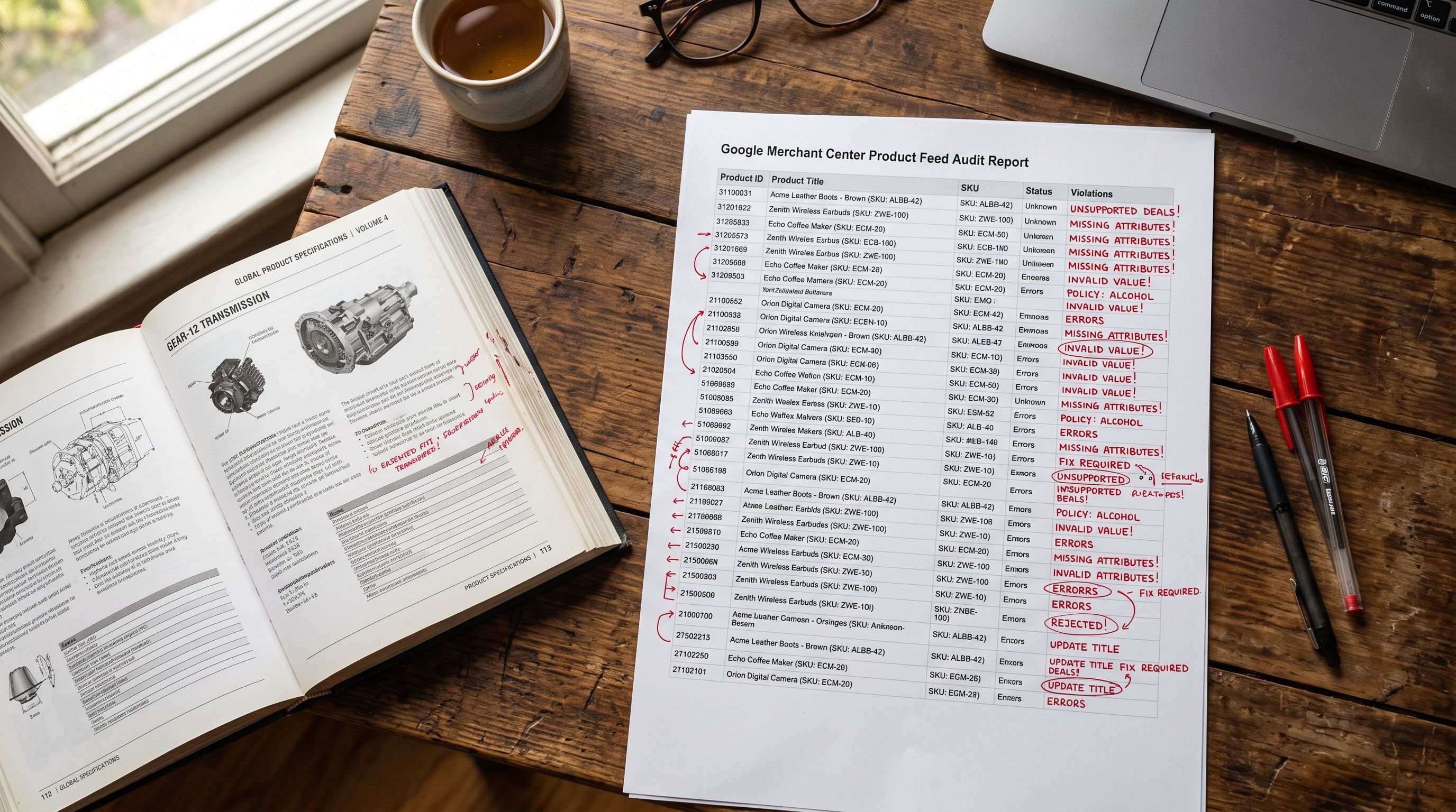 A printed Google Merchant Centre product feed audit report spread on a desk, showing a column of product descriptions with policy violation annotations marked beside each entry.