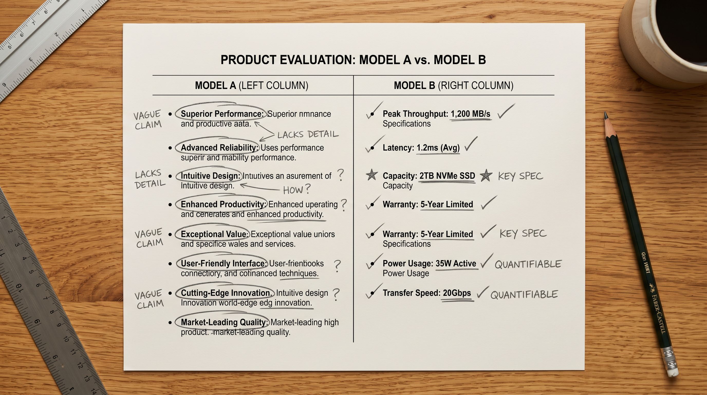 Printed side-by-side product description comparison sheet on a desk showing a vague benefits-focused description on the left and a specification-rich description on the right, with the right column annotated with pencil marks indicating the specific claims an AI can extract.