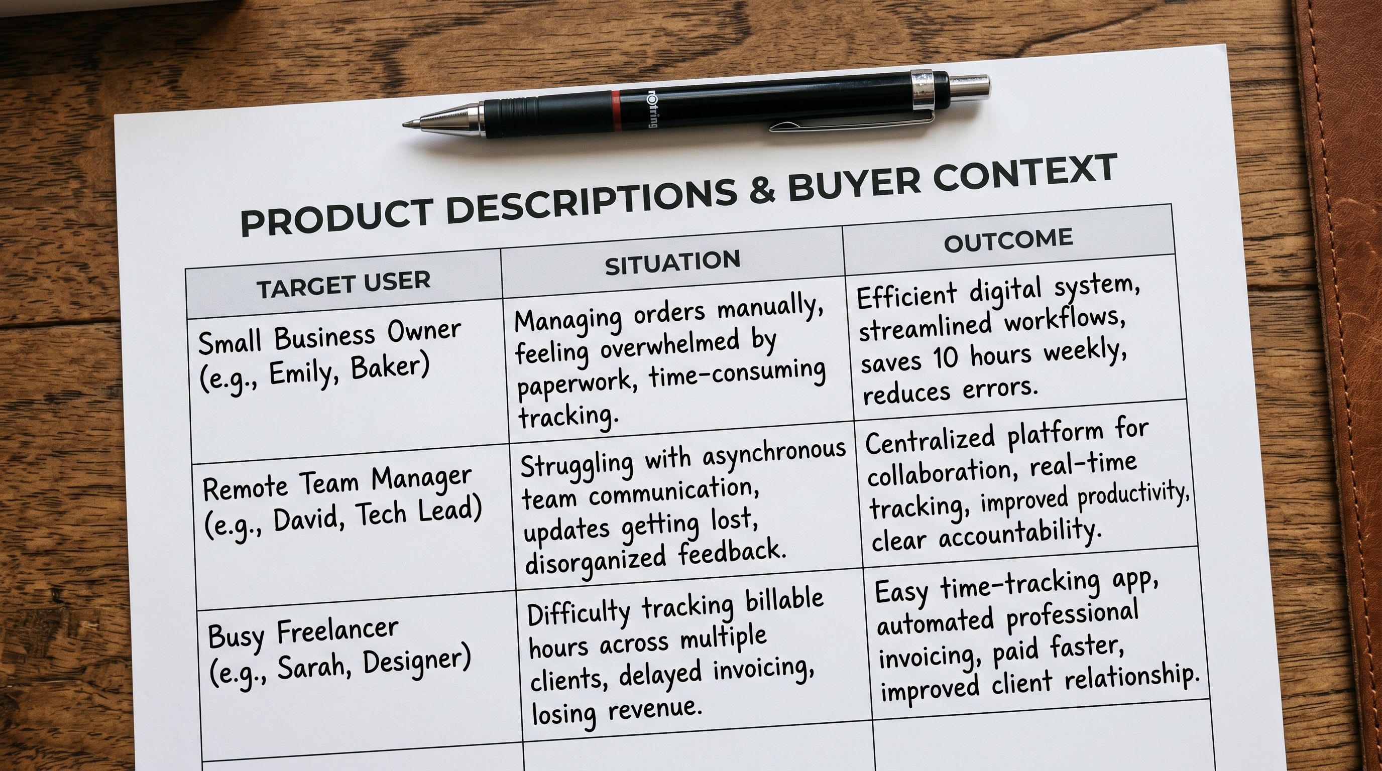 Printed use-case framing worksheet on a desk showing three product examples with columns for target user, situation, and desired outcome filled in beside each product, representing the use-case framed description structure.